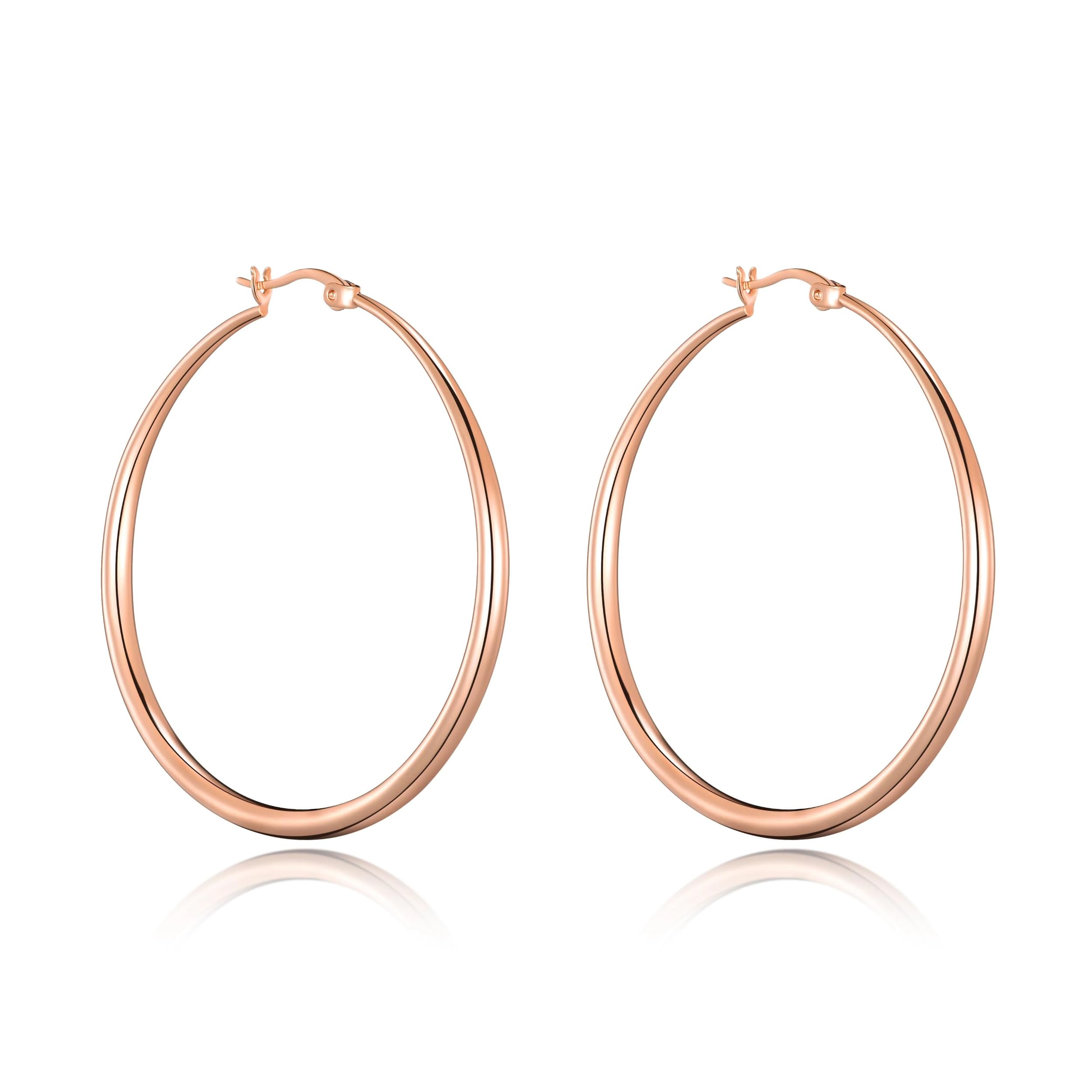 Philip Jones Rose Gold Plated 50mm Hoop Earrings for Women - Elegant Dangle Hoops for Party, Wedding & Everyday Wear