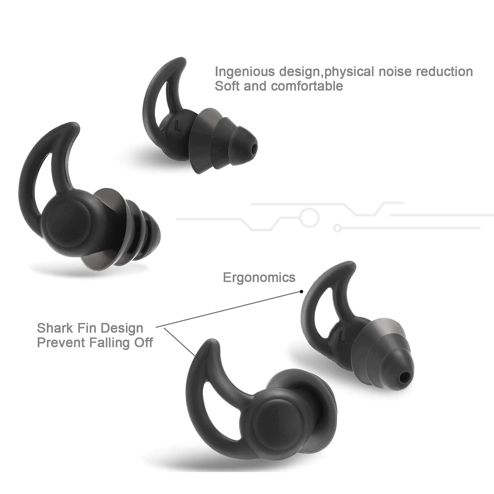 BACTIM 3 Pack Reusable Noise Cancelling Ear Plugs - Soft Silicone Hearing Protection for Sleeping, Shooting, Travel & Work - Includes Storage Case (Black, Grey, Red) - Perfect for Concerts, Motorcycles & Studying