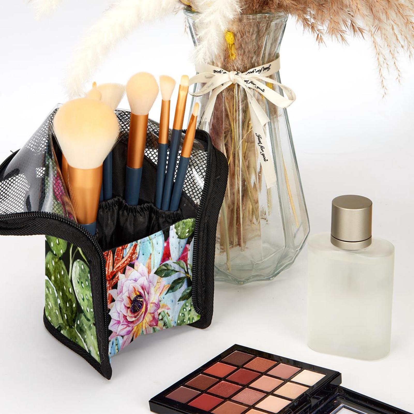 12-Piece Makeup Brush Organizer Bag with Cacti Flower Design - Portable Travel Cosmetic Brush Holder Case for Professional & Home Use