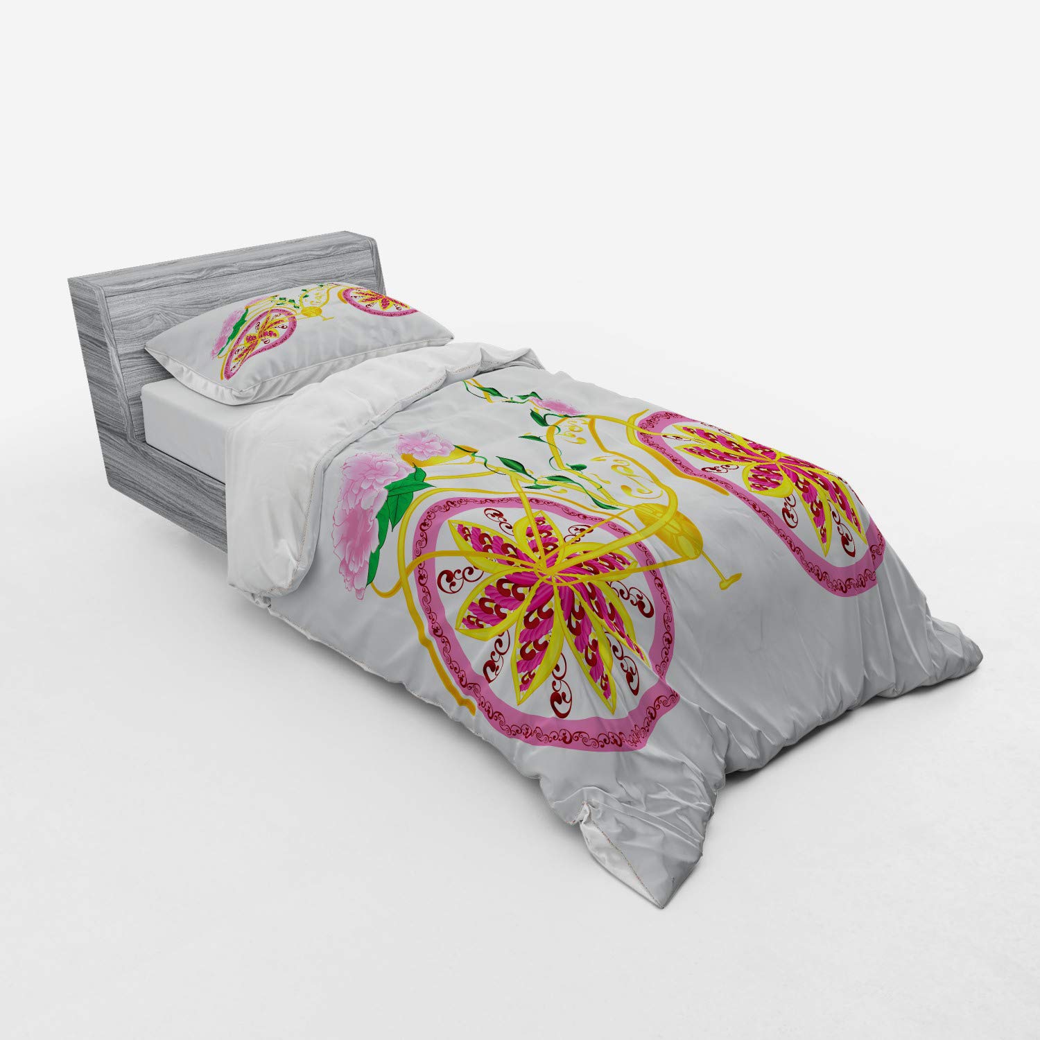 Ambesonne Bicycle Bedding Set - Twin XL 3-Piece Duvet Cover with Sham & Fitted Sheet, Pink Yellow Hippie Floral Bike Design - Perfect for Cycling Enthusiasts' Bedrooms & Bohemian Decor