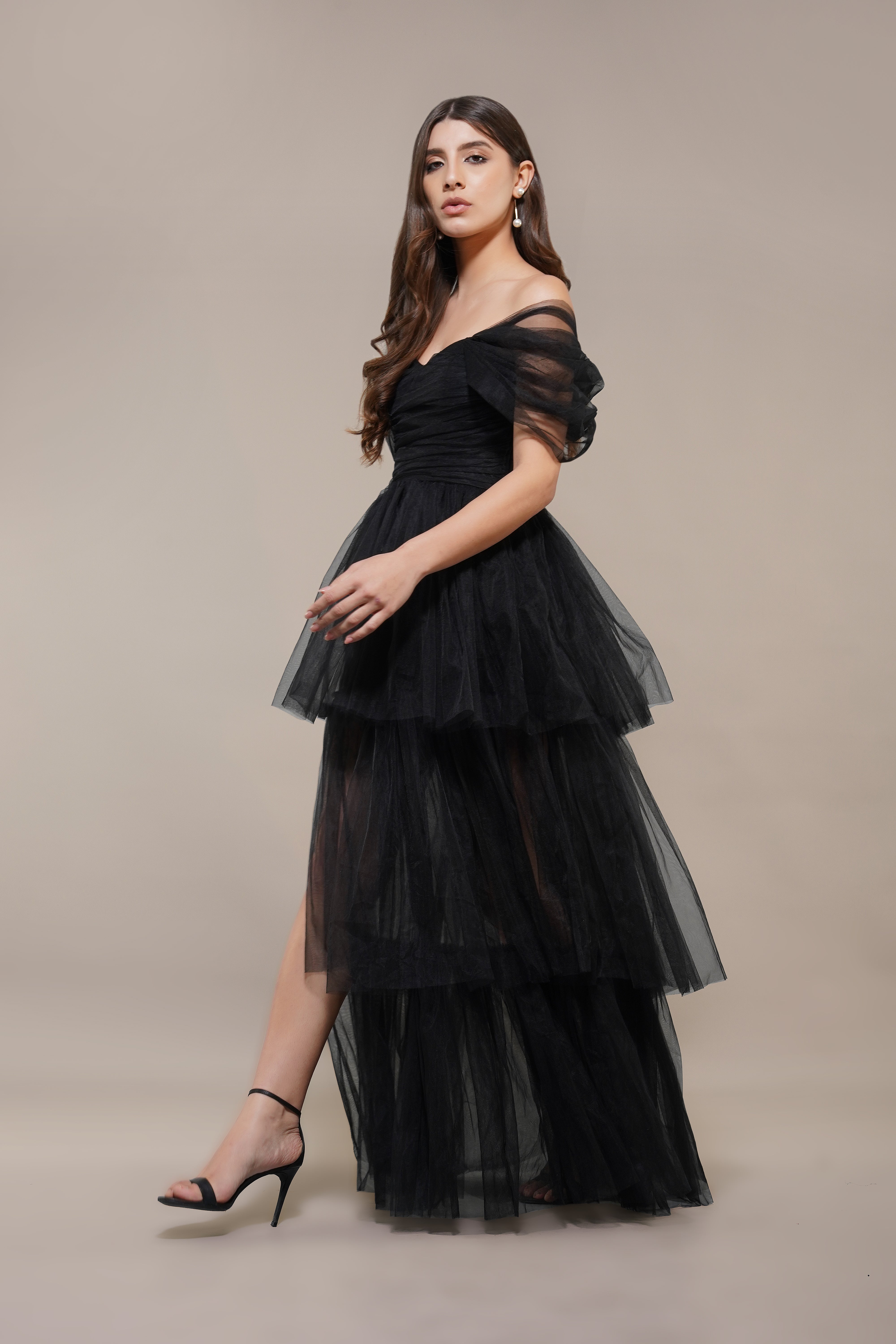 Elegant Black Off Shoulder Tulle Maxi Dress for Women - Perfect for Weddings, Parties & Special Occasions
