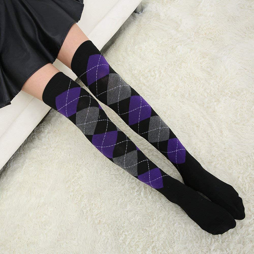 Benefeet Women's Thigh High Argyle Socks - Striped Over Knee Stockings for Fun Outfits