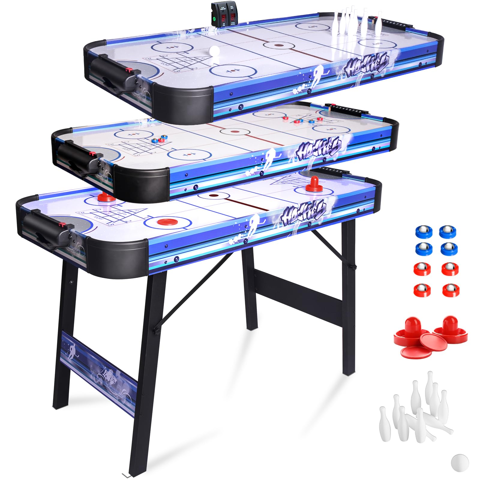 Foldable 4ft Air Hockey Table with Shuffleboard & Bowling - HLC Upgrade Multi-Game Table, 48 Inch Indoor Electric Hockey with Digital LED Scoreboard & Powerful 12V Motor - Perfect for Game Rooms, Basements & Family Entertainment