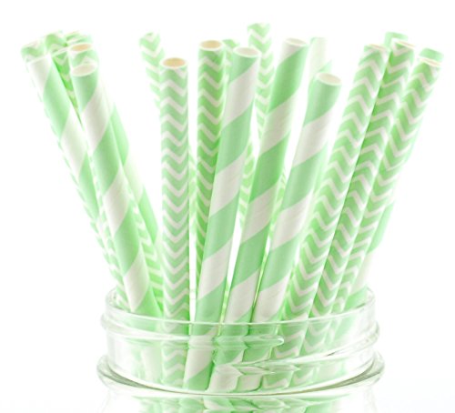 Eco-Friendly Mint Green Paper Straws - 50 Pack Biodegradable Striped & Chevron Drinking Straws for Birthday Parties, Baby Showers, Weddings & Candy Buffets - Perfect for Summer Drinks, Lemonade Stands & Bridal Shower Decorations