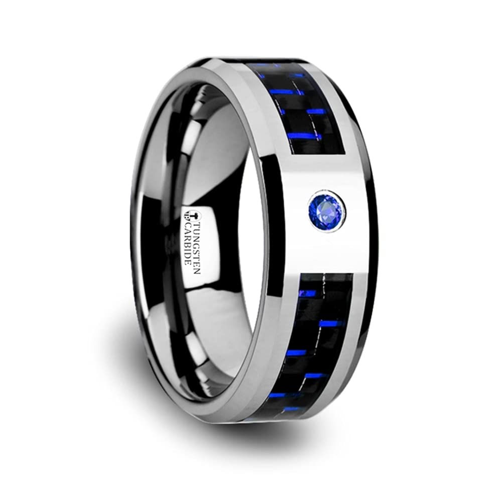 Men's Comfort Fit Beveled Tungsten Carbide Ring - Black & Blue Carbon Fiber with Blue Sapphire Setting - 8mm Wide Wedding Band (Style: NEPTUNE) - Perfect for Weddings, Anniversaries, and Everyday Wear