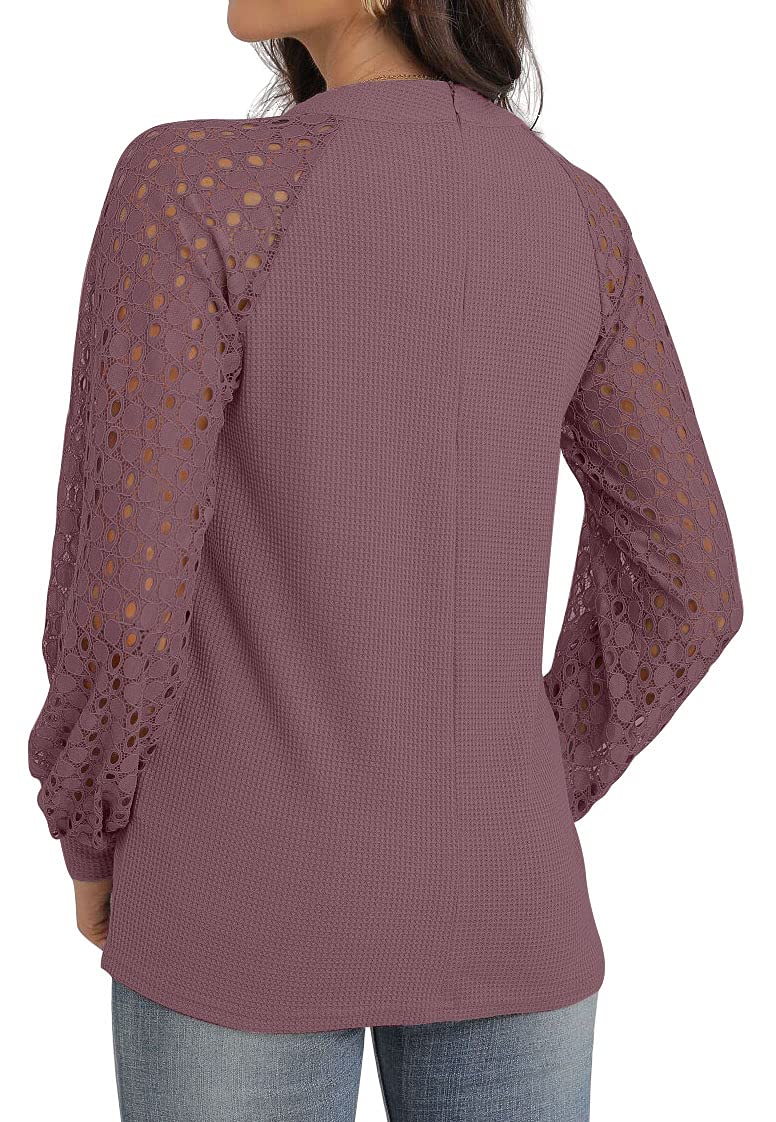 IWOLLENCE Women's Waffle Knit Blouse - Puff Sleeve Lace Tops for Casual Wear, Loose Fit T-Shirt (Long/Short Sleeve Options) | Perfect for Office, Date Night & Weekend Outfits