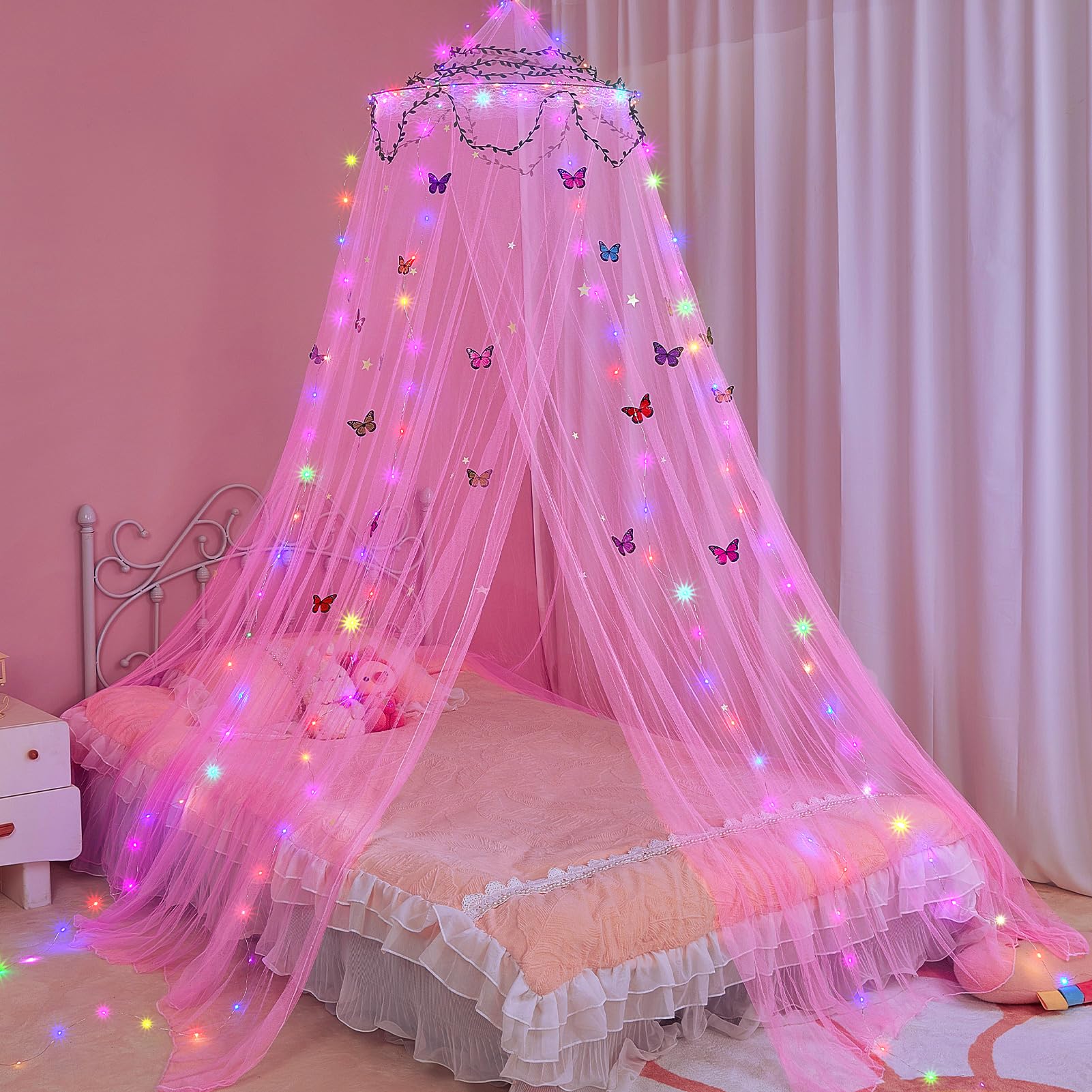 FIOBEE Princess Bed Canopy with LED Lights & Mosquito Net - Pink Star Butterfly Canopy Curtains for Girls Room Decor, DIY Kids Bedroom Decorations | Perfect for Birthday Gifts, Sleepovers & Fantasy Bedroom Makeovers