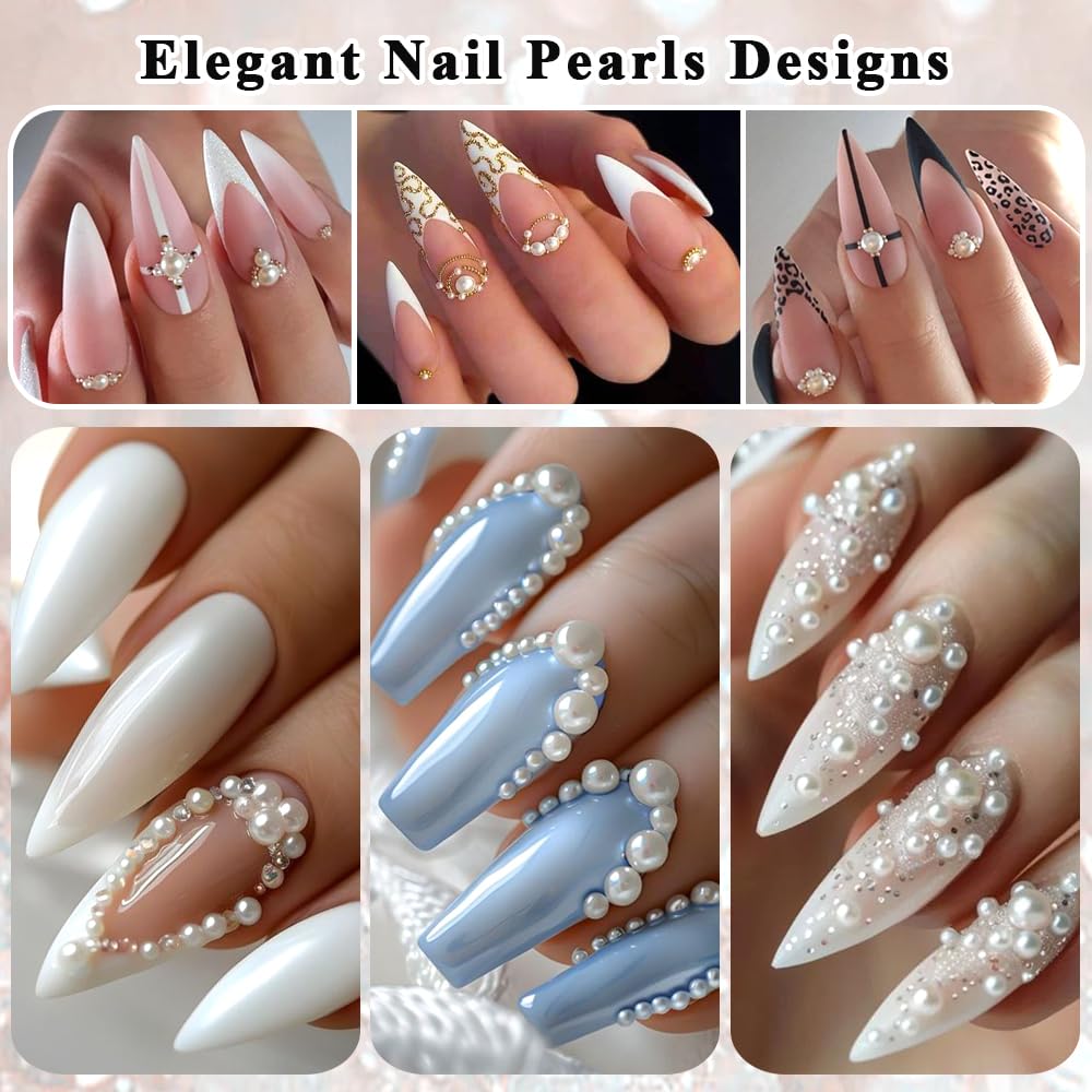 3 Boxes Nail Art Charms Kit - Gold Silver Mini Metal Caviar Beads, White Round Pearls, Flatback Rhinestones with Dotting Tools for Manicure & Nail Decoration | Perfect for DIY Nail Art, Salon Use, and Gift Giving