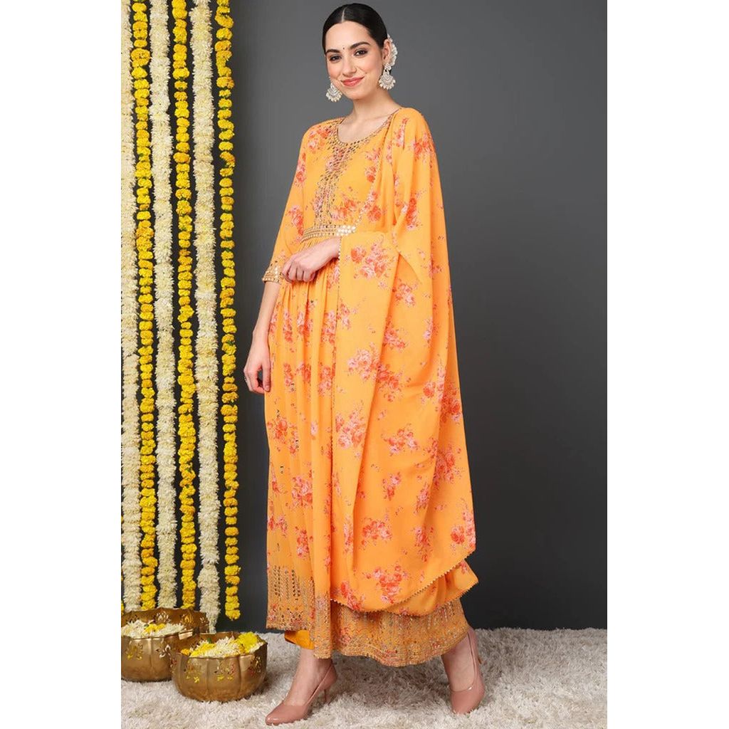 Orange Georgette Floral Printed Flared Suit Set for Women - Diwali & Festival Outfit - Elegant Ethnic Wear for Parties, Weddings & Special Occasions