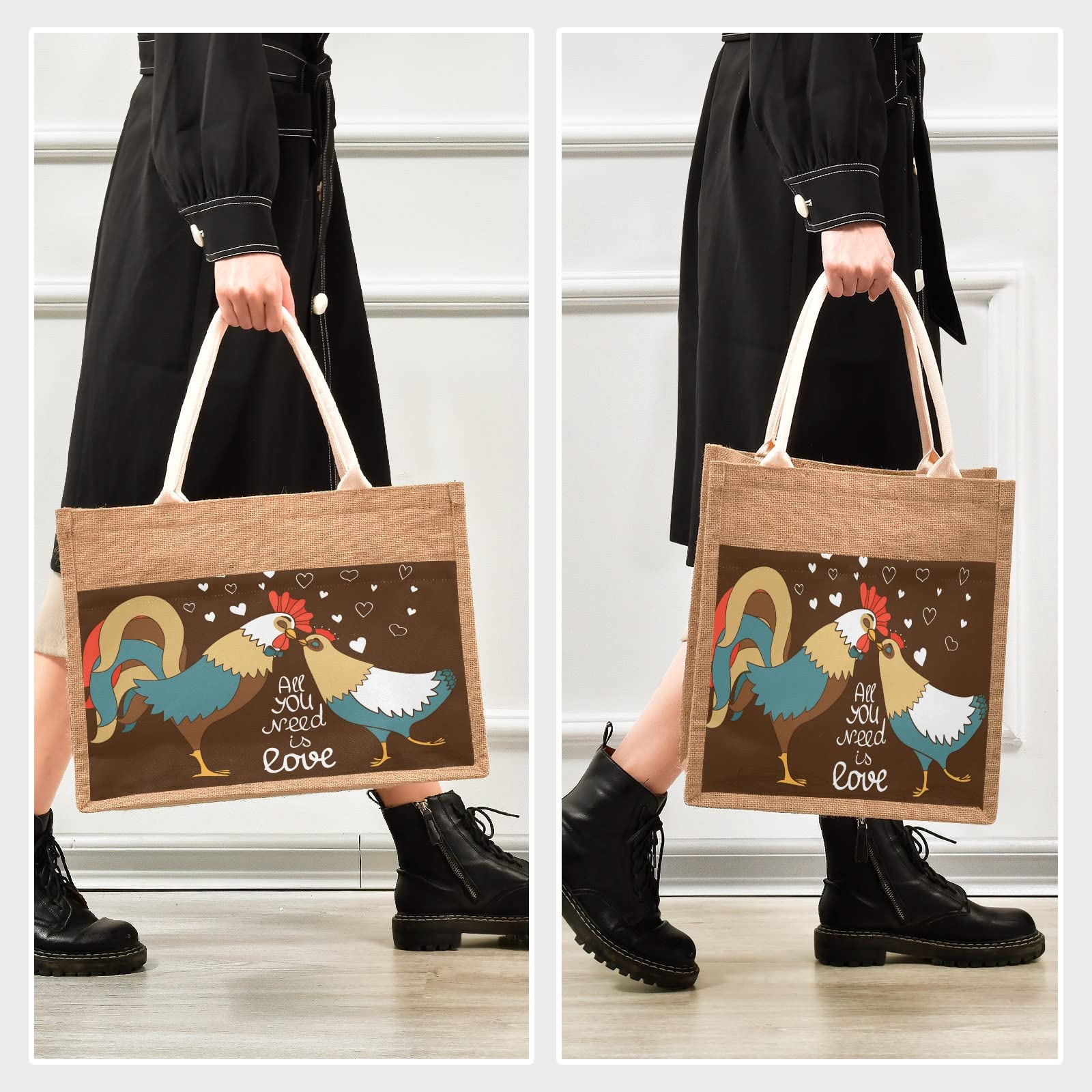 Linqin Rooster and Chicken Jute Tote Bag - Waterproof Reusable Grocery Shopping Bag with Sturdy Handles for Farmers Market, Beach, Travel & Daily Use | Eco-Friendly Cotton Canvas Carryall for Women & Men