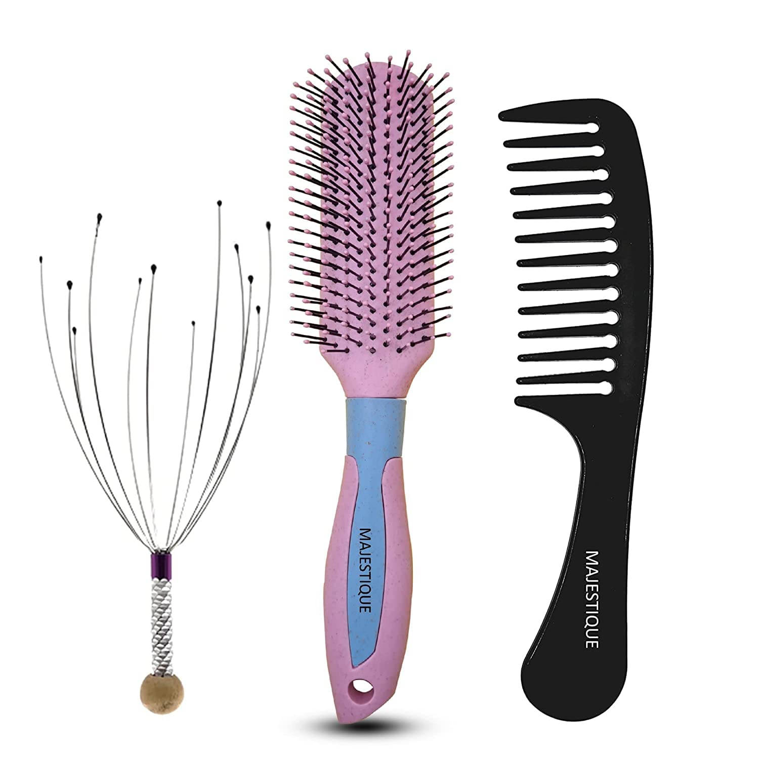 Majestique Hair Comb & Scalp Massager Set - Professional Detangling Brush for Blow Drying, Thick & Short Hair - 3-Pack for Men & Women - Perfect for Salon, Travel & Home Hair Care