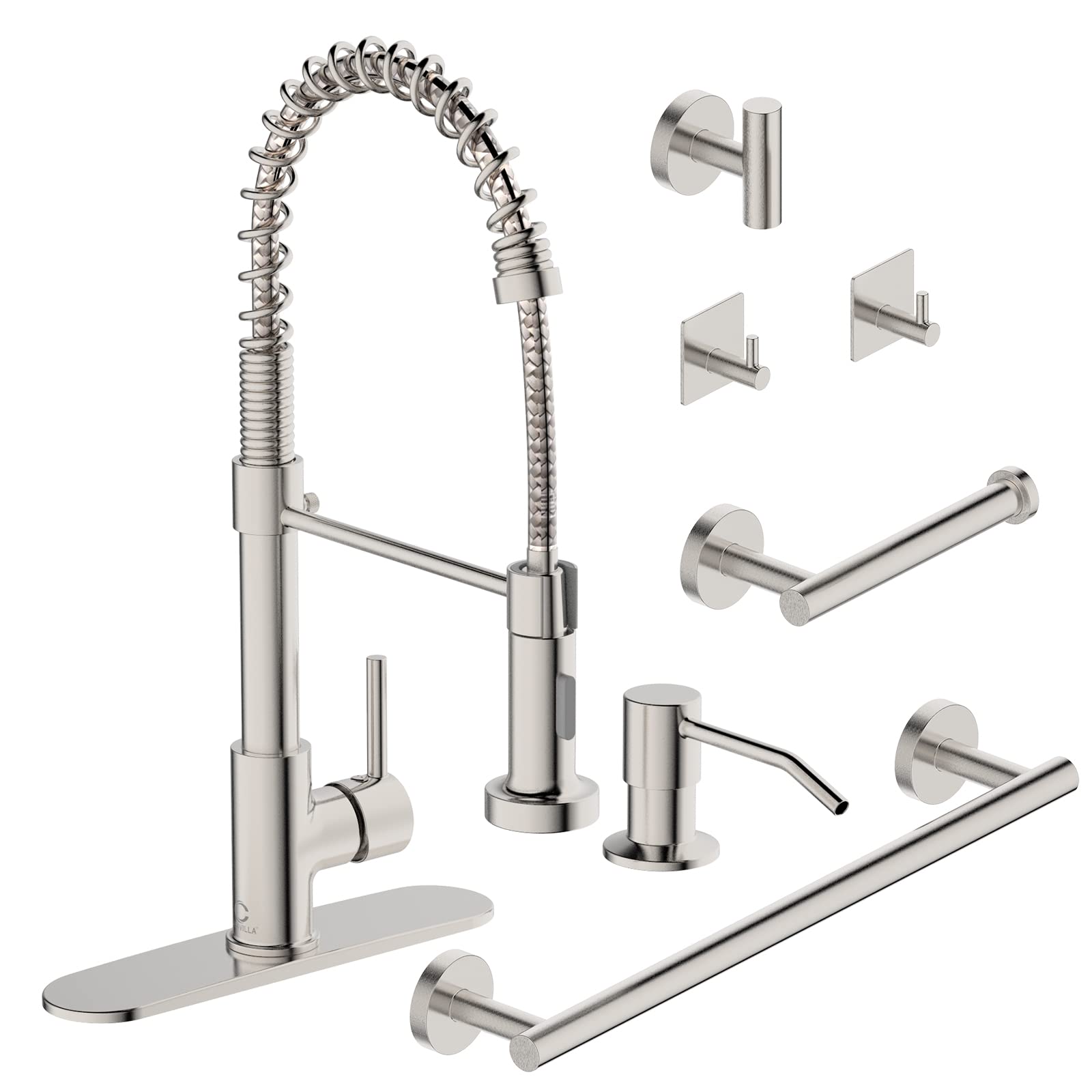 5-Piece Bathroom Hardware Set - Kitchen Faucet with Soap Dispenser, Pull Down Sprayer, Towel Rack, Towel Bar, 3 Robe Hooks & Toilet Paper Holder - Perfect for RV, Camper, Farmhouse & Kitchen Sink Installation