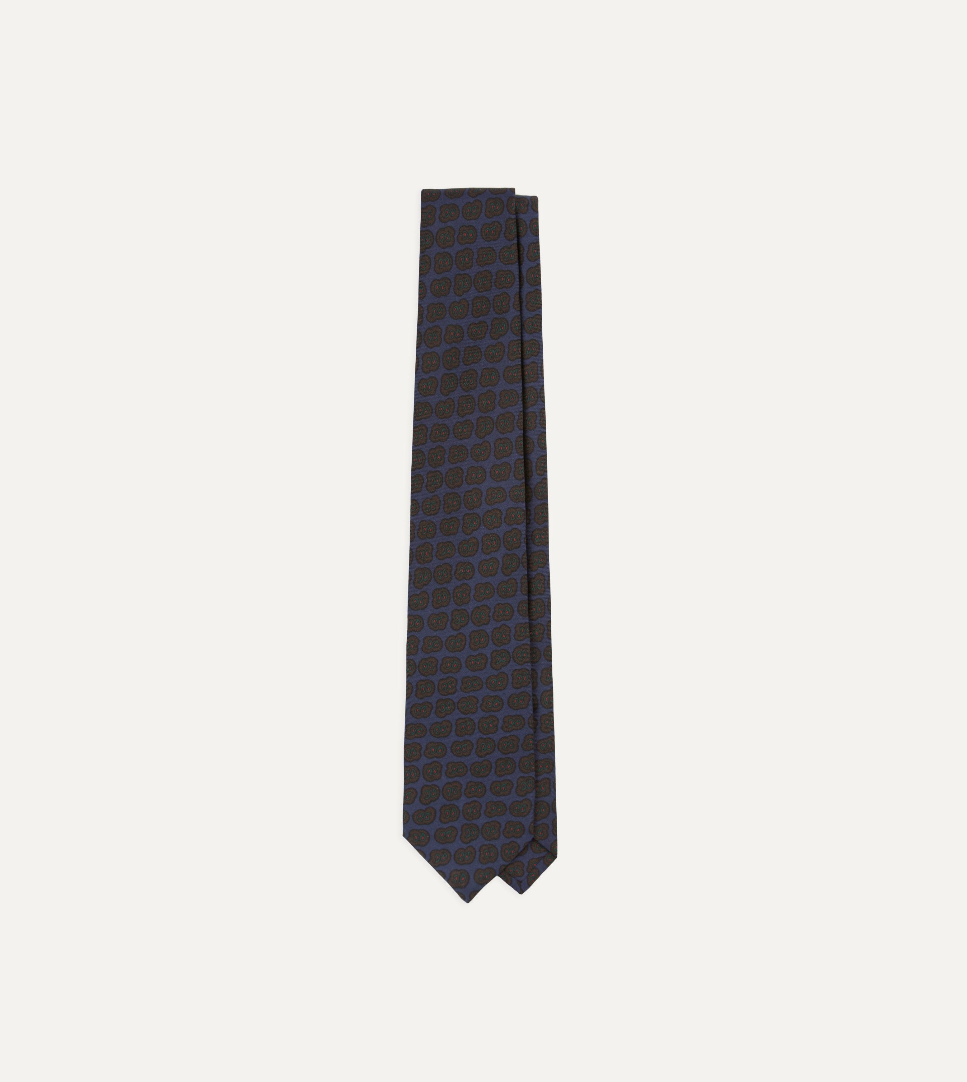 Navy and Brown Paisley Double Leaf Print Silk Self-Tipped Necktie - Elegant Formal Wear for Weddings, Business Meetings & Special Occasions