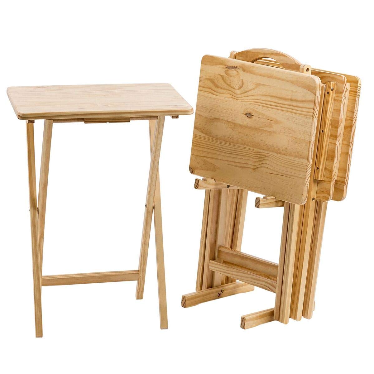 MFS Basics Classic TV Dinner Tray Set with Holder - 4-Piece Natural Wood Snack Table Set for Movie Nights, Gaming, and Family Dining
