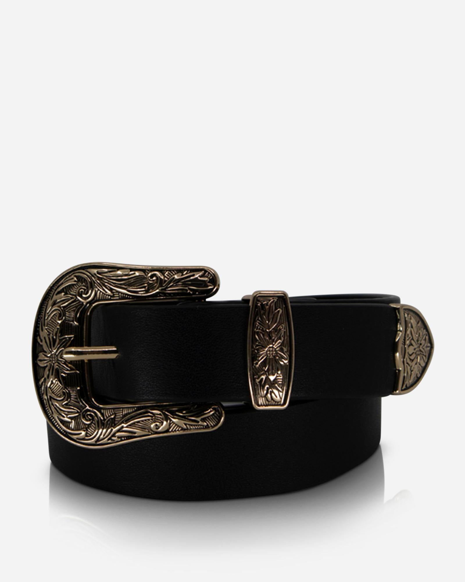 Western Belt for Men - Black & Gold Genuine Leather Cowboy Belt - Perfect for Rodeo, Country Music Festivals & Western Fashion