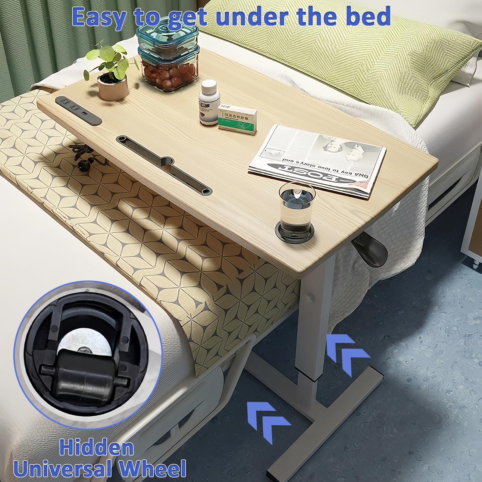 Adjustable Overbed Table with Pneumatic Lift, USB Ports & Outlets - Mobile Hospital & Home Bedside Table with Cup Holder, Laptop Slot & Hidden Wheels - Perfect for Patients, Nursing, and Home Office Use