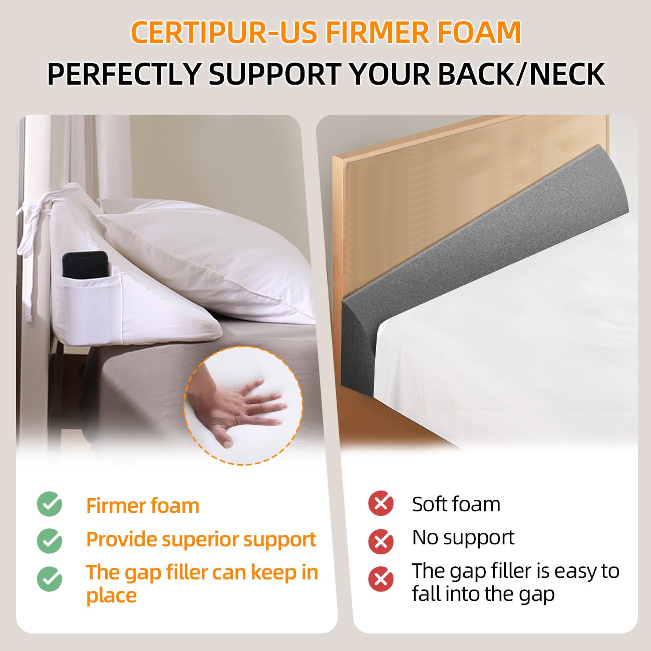 USlixury Adjustable 2-in-1 Headboard Pillow Queen Size - CertiPUR-US Foam Bed Gap Filler for Different Size Gaps, Firm Wedge Pillow with Curved Design & Side Pockets - Perfect for Reading, Watching TV, or Preventing Items from Falling Behind Bed