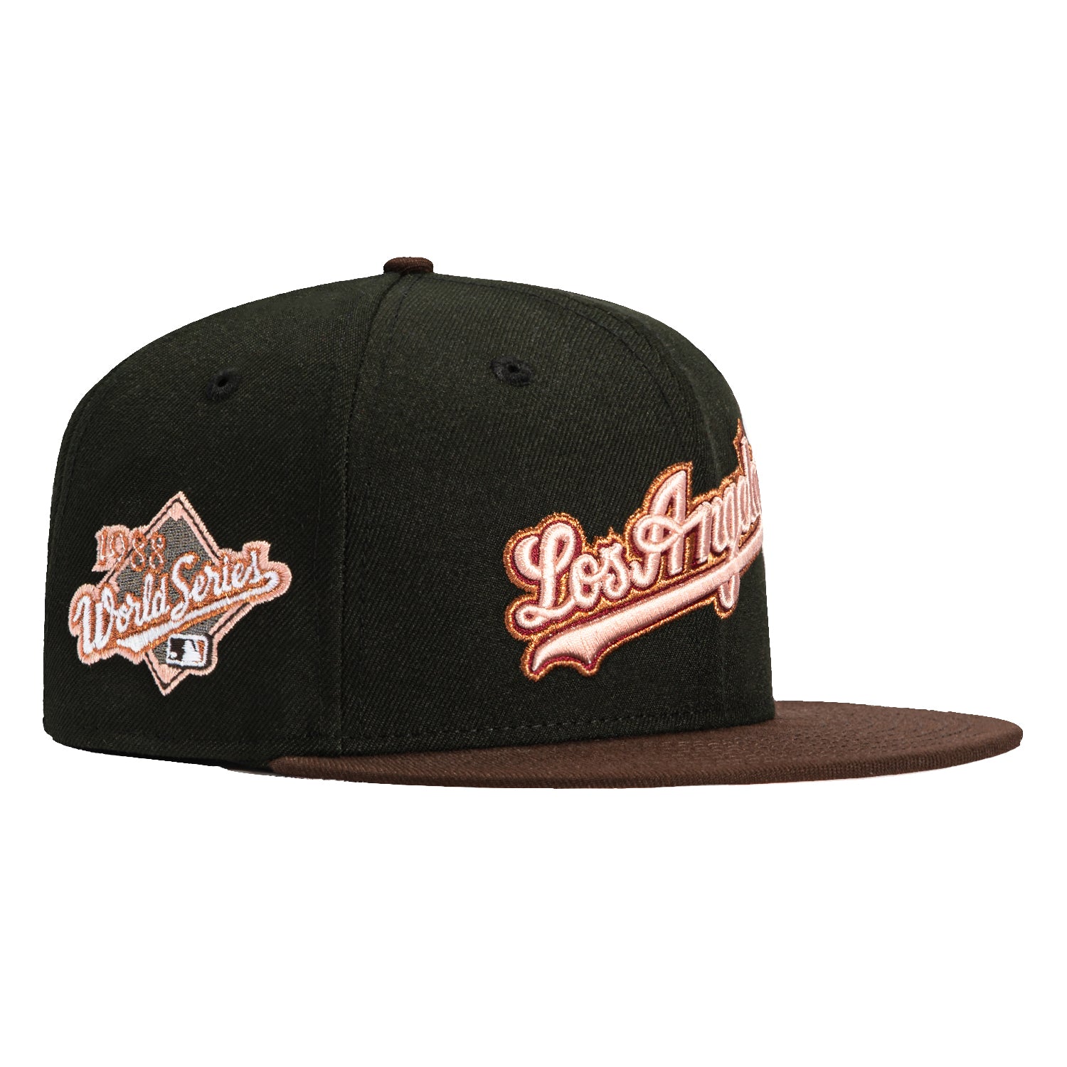 New Era 59Fifty Los Angeles Dodgers 1988 World Series Patch Script Hat - Black, Brown & Metallic Copper | Vintage Baseball Cap for Dodgers Fans, Sports Collectors & Retro Fashion Enthusiasts