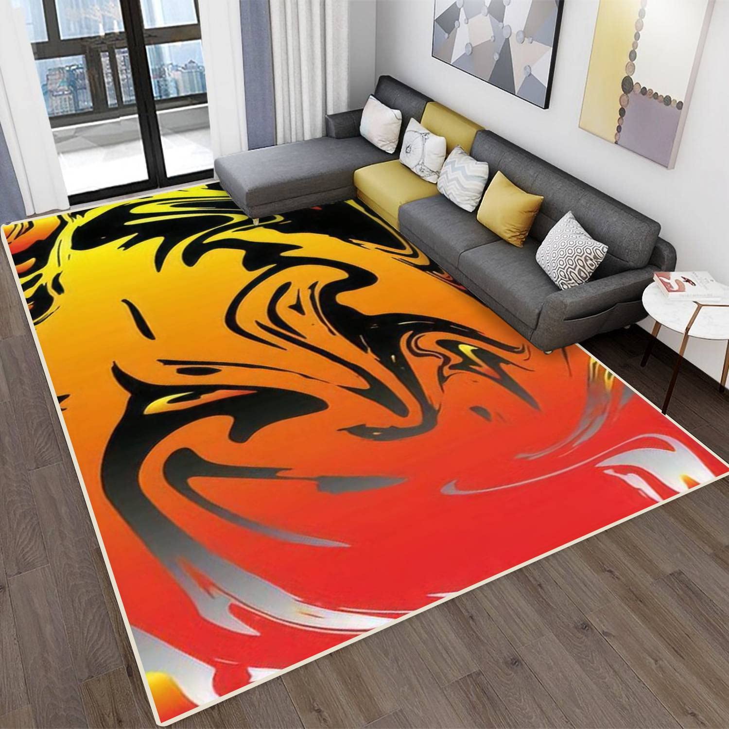 Non-Slip Modern Abstract Tie Dye Area Rug - Red, Yellow & Orange Stain Resistant Carpet for Living Room, Bedroom Decor | Indoor/Outdoor Home Mat Perfect for High-Traffic Areas & Cozy Spaces