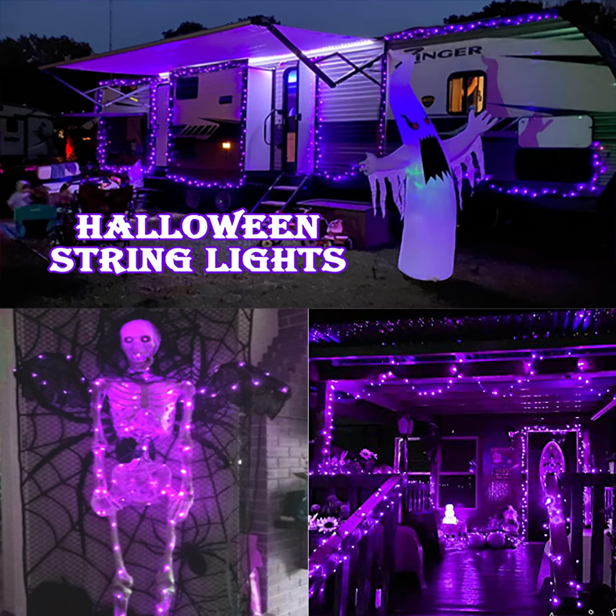 Purple Solar Halloween Lights - 2 Pack 66FT 200 LED Fairy String Lights with 8 Modes, Waterproof Outdoor Copper Wire Lights for Halloween, Christmas, Garden, Wedding Decorations - Perfect for Patio, Yard, and Party Decor (Purple)