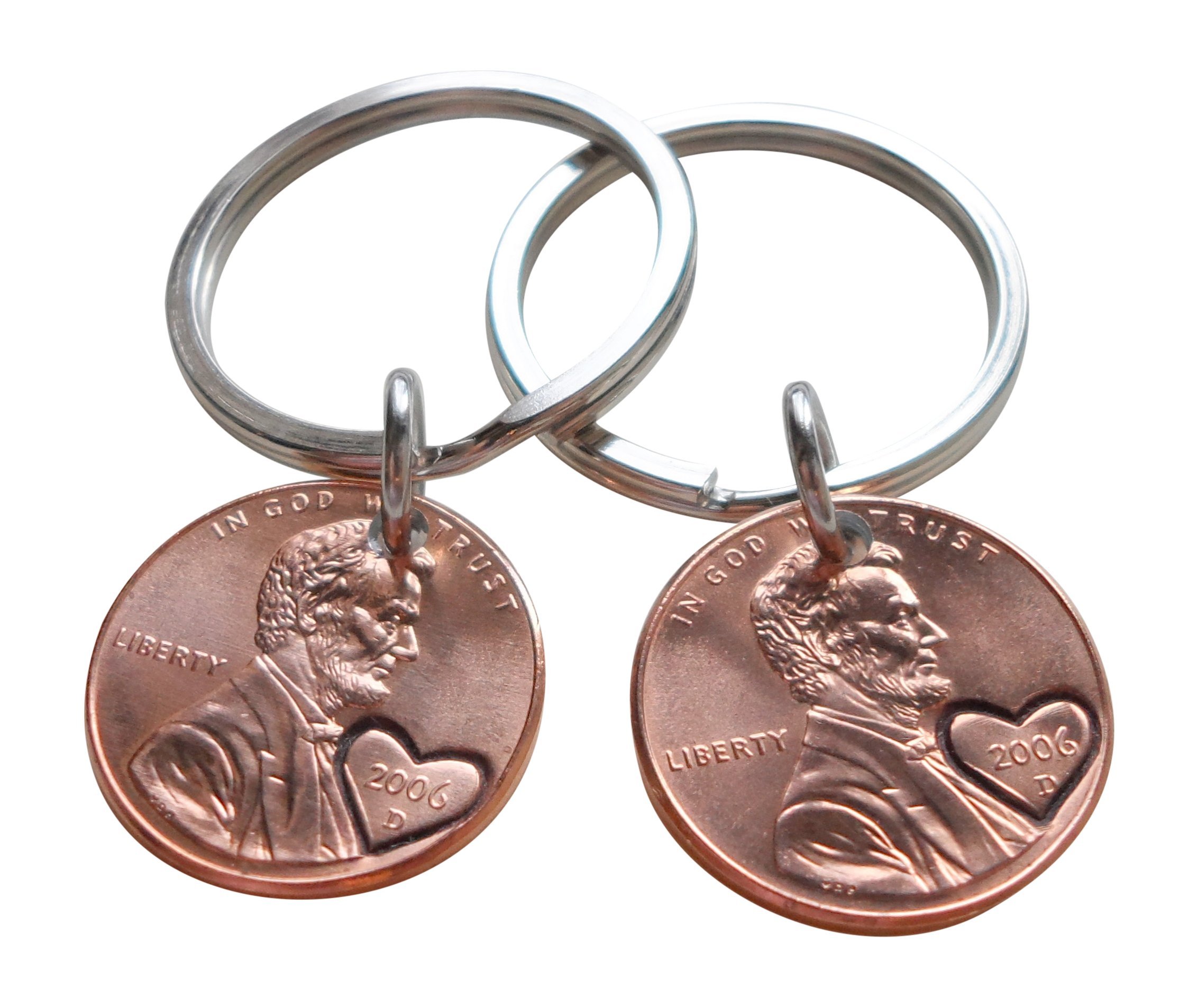 2006 Double Heart Penny Keychains Set - 19th Anniversary Engraved Couples Keychain Gift for Romantic Memories & Everyday Carry