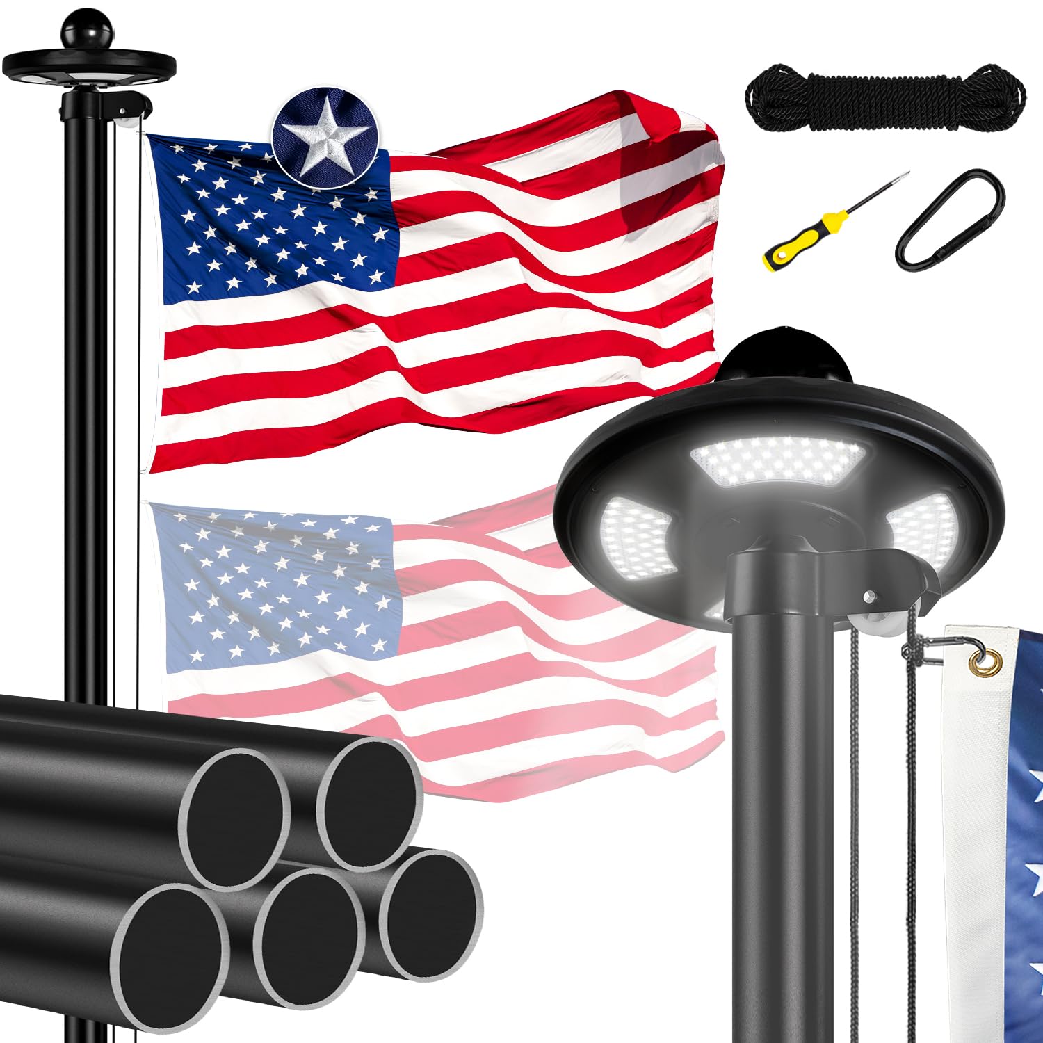 25 FT Heavy Duty Aluminum Flag Pole Kit with Solar Light - 12 Gauge In-Ground Flagpole with 128 LEDs & Embroidered American Flag - Weather-Resistant for Residential & Commercial Use - Perfect for Front Yard, Garden, and Patriotic Displays