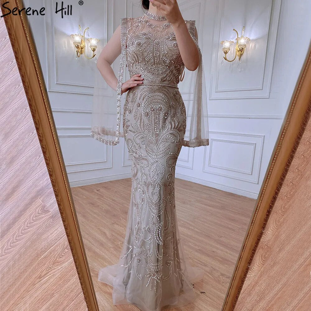 Serene Hill Luxury Grey Nude Mermaid Evening Dress with Cape - Elegant Beaded Gown for Women 2025 | Perfect for Prom, Wedding, and Red Carpet Events - LA71027