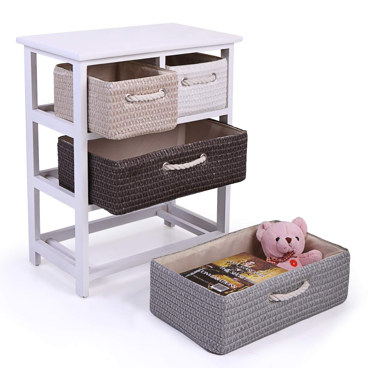 Modern White Wooden Dresser with 4 Drawers - Storage Chest for Bedroom, Closet, Living Room & Nursery - Space-Saving Fabric Organizer for Clothes, Toys & Home Essentials