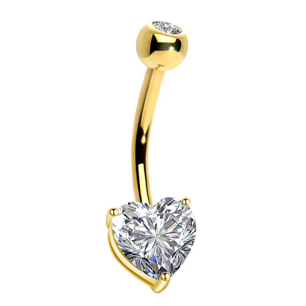 14K Solid White Gold Belly Button Rings with Heart Solitaire Cubic Zirconia - OUFER Body Piercing Jewelry for Women - Perfect for Everyday Wear, Parties & Beach Outfits