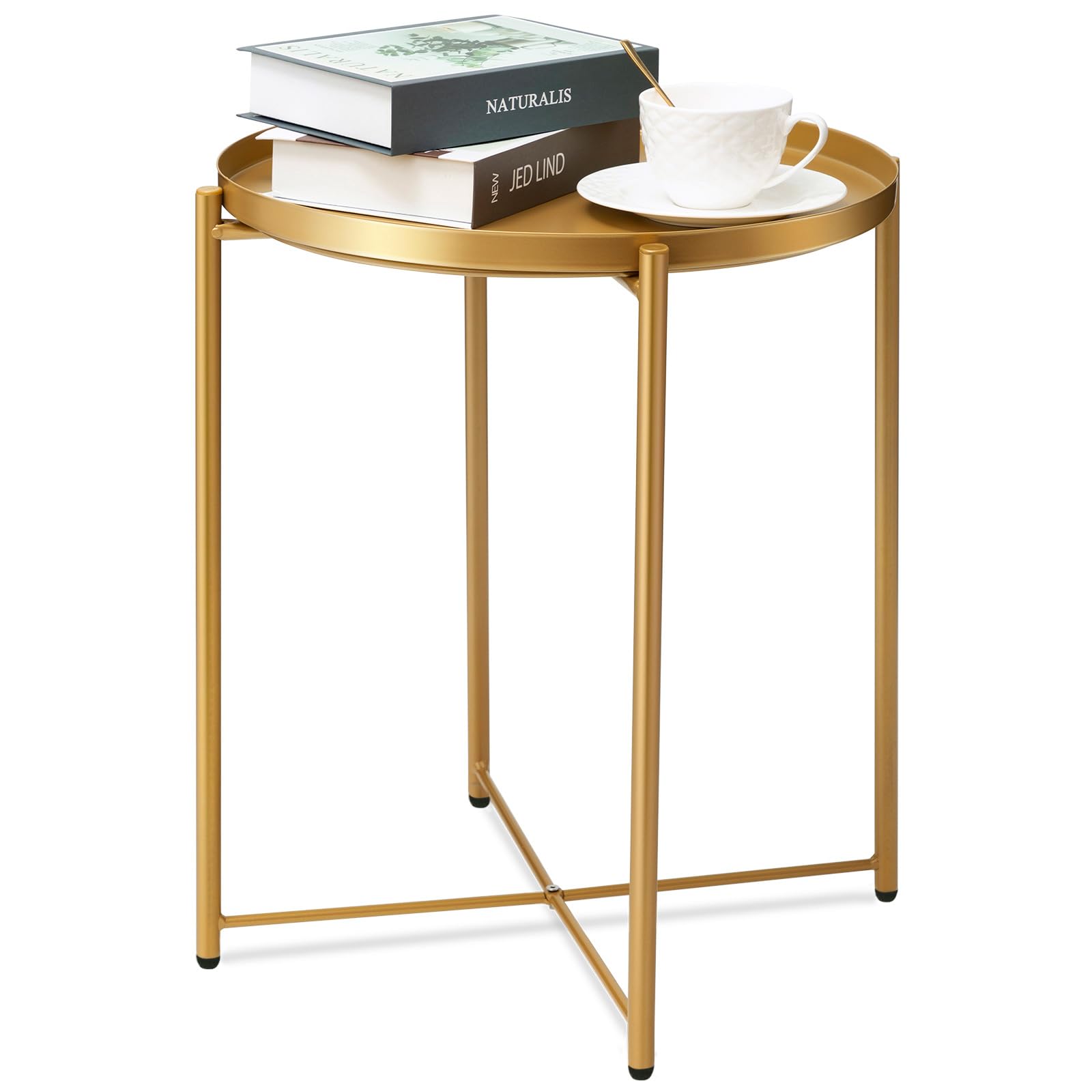 Gold Side Table - Round Metal End Table for Small Spaces, Outdoor & Indoor Accent Table with Removable Tray | Waterproof Patio Coffee Table for Living Room, Bedroom, Balcony, Office & Garden Decor (Gold)