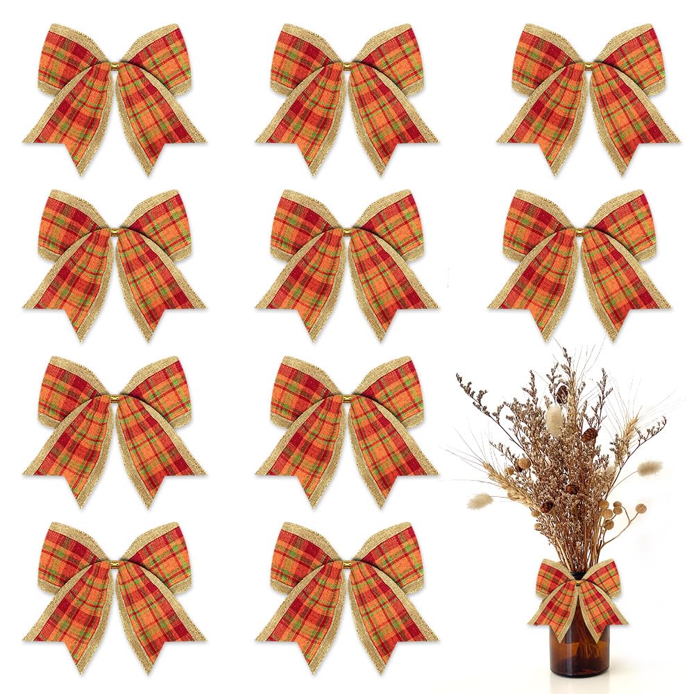 10Pcs Fall Bows for Wreath Decor - Orange Buffalo Plaid Burlap Bows for Thanksgiving Party & Home Decor