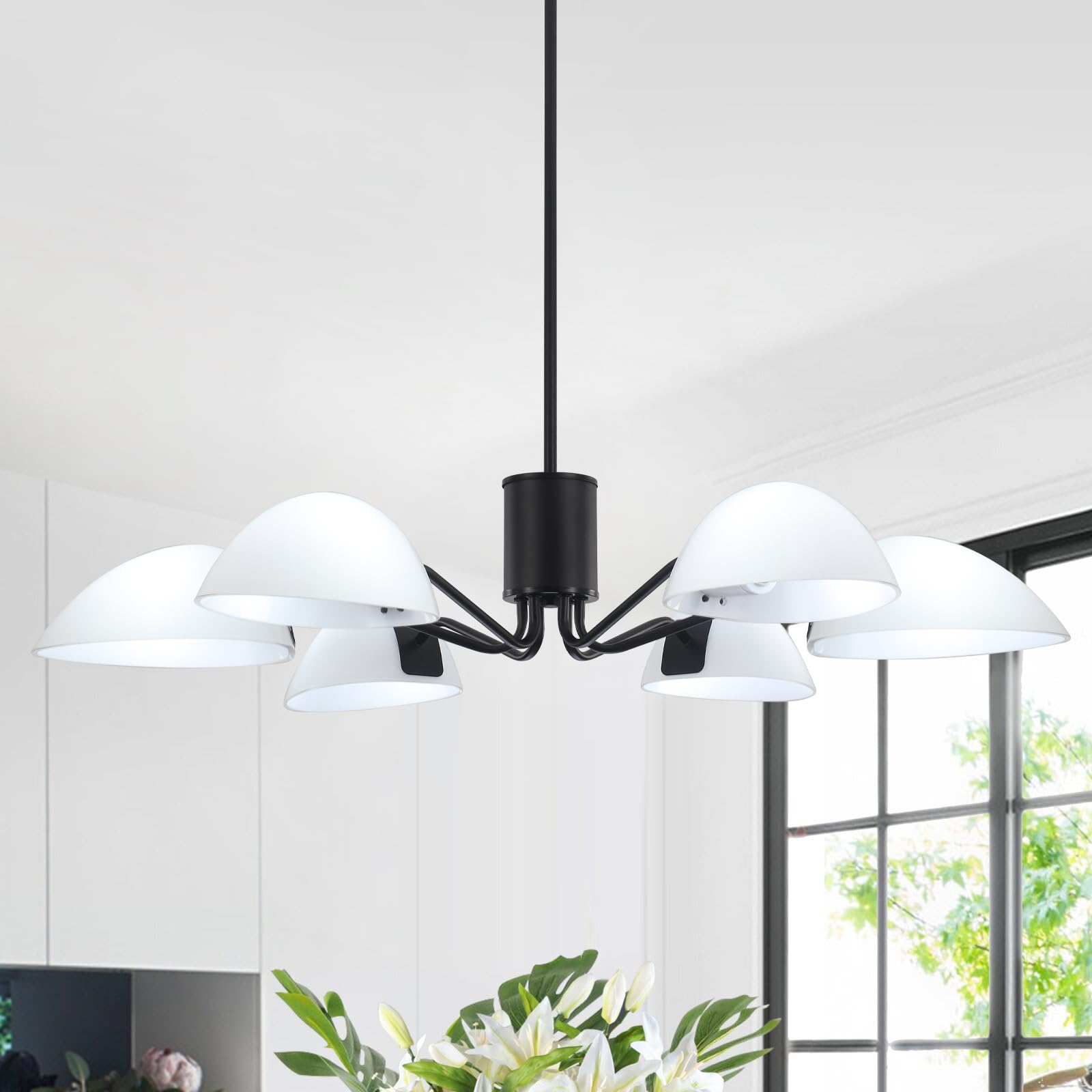 Modern Black Chandelier Ceiling Light with Milk Glass Shades - 34.64 Inch Industrial 6-Light Pendant Fixture for Dining Room, Kitchen, Hallway, Foyer & Entryway | Elegant Lighting for Home Decor, Restaurants and Office Spaces