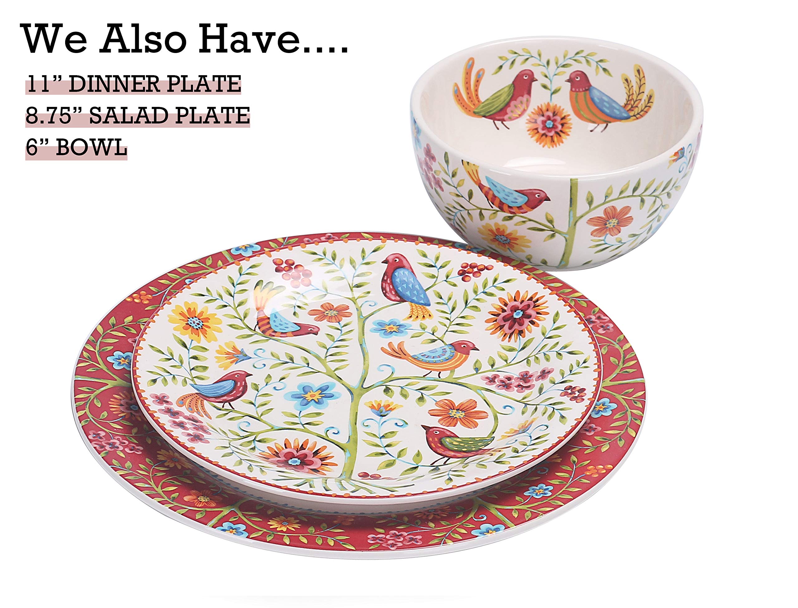 Bico Red Spring Bird Ceramic Dinner Plates Set of 4 - 11 Inch Durable Porcelain Plates for Pasta, Salad, Main Course | Microwave & Dishwasher Safe | Perfect for Family Dinners, Parties & Restaurant Use