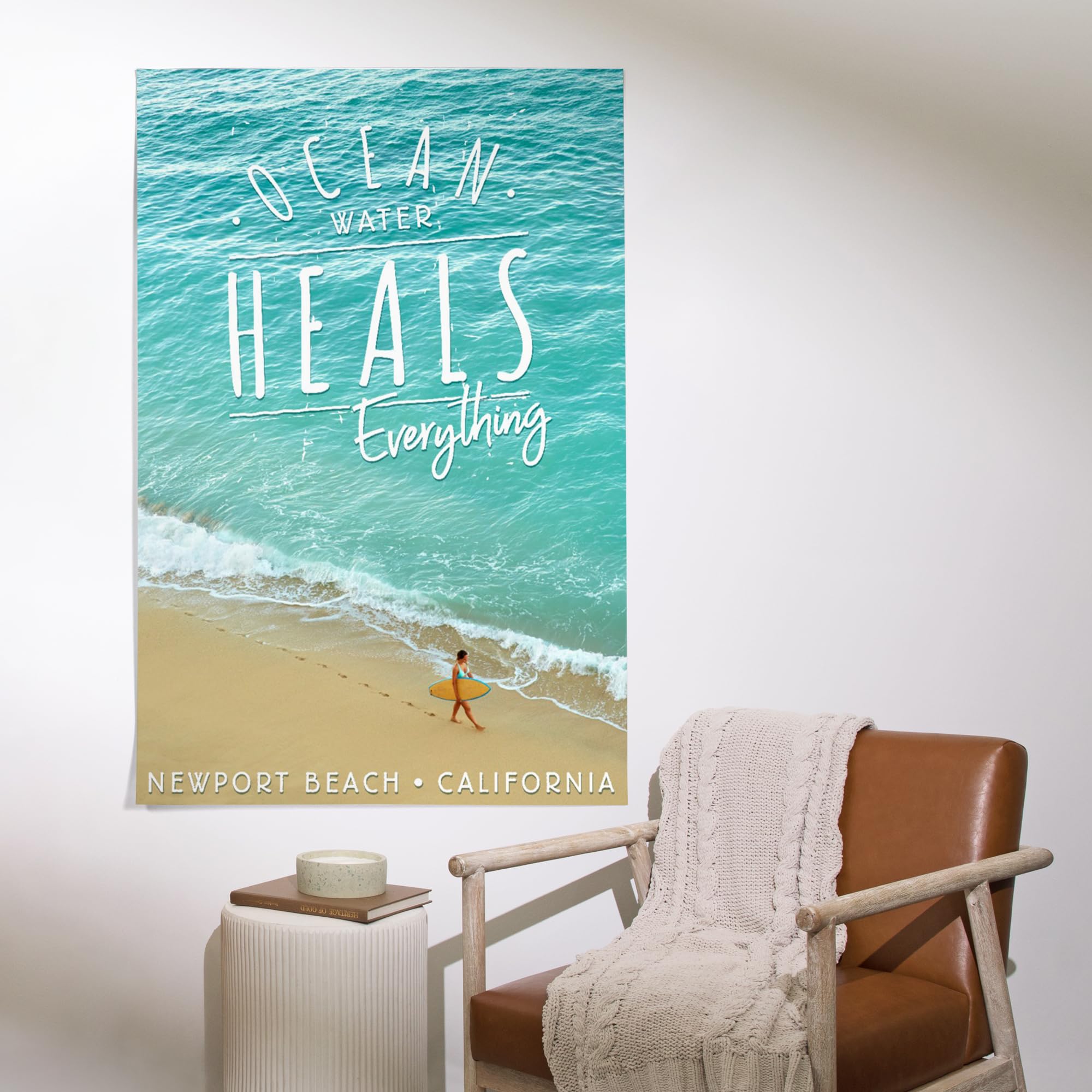 Lantern Press 36x54 Inch Giclee Art Print - Newport Beach California Coastal Wall Decor with Surfer Walking on Beach - Ocean Water Heals Everything - Perfect for Living Room, Bedroom or Office Wall Art