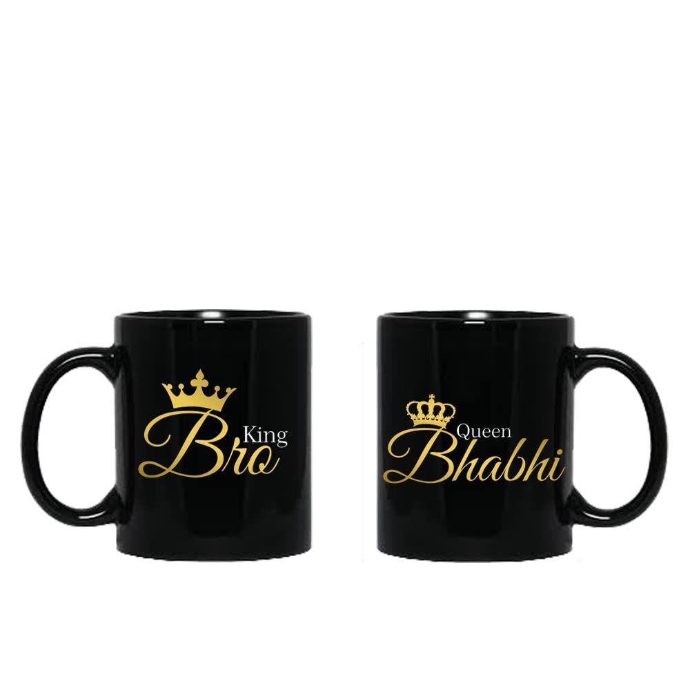 Premium King Bro Queen Bhabhi Printed Black Ceramic Tea & Coffee Mug Set of 2 - Perfect Rakhi Anniversary Gift for Brother, Bhaiya & Sister-in-Law - Ideal for Tea Time, Office Use & Family Celebrations