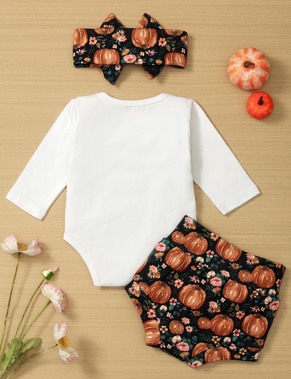Baby Girl Halloween Outfit Set - Letter Print Long Sleeve Romper with Shorts & Headband | Cute First Halloween Costume for Infants & Toddlers | Perfect for Trick-or-Treating, Photo Shoots & Halloween Parties