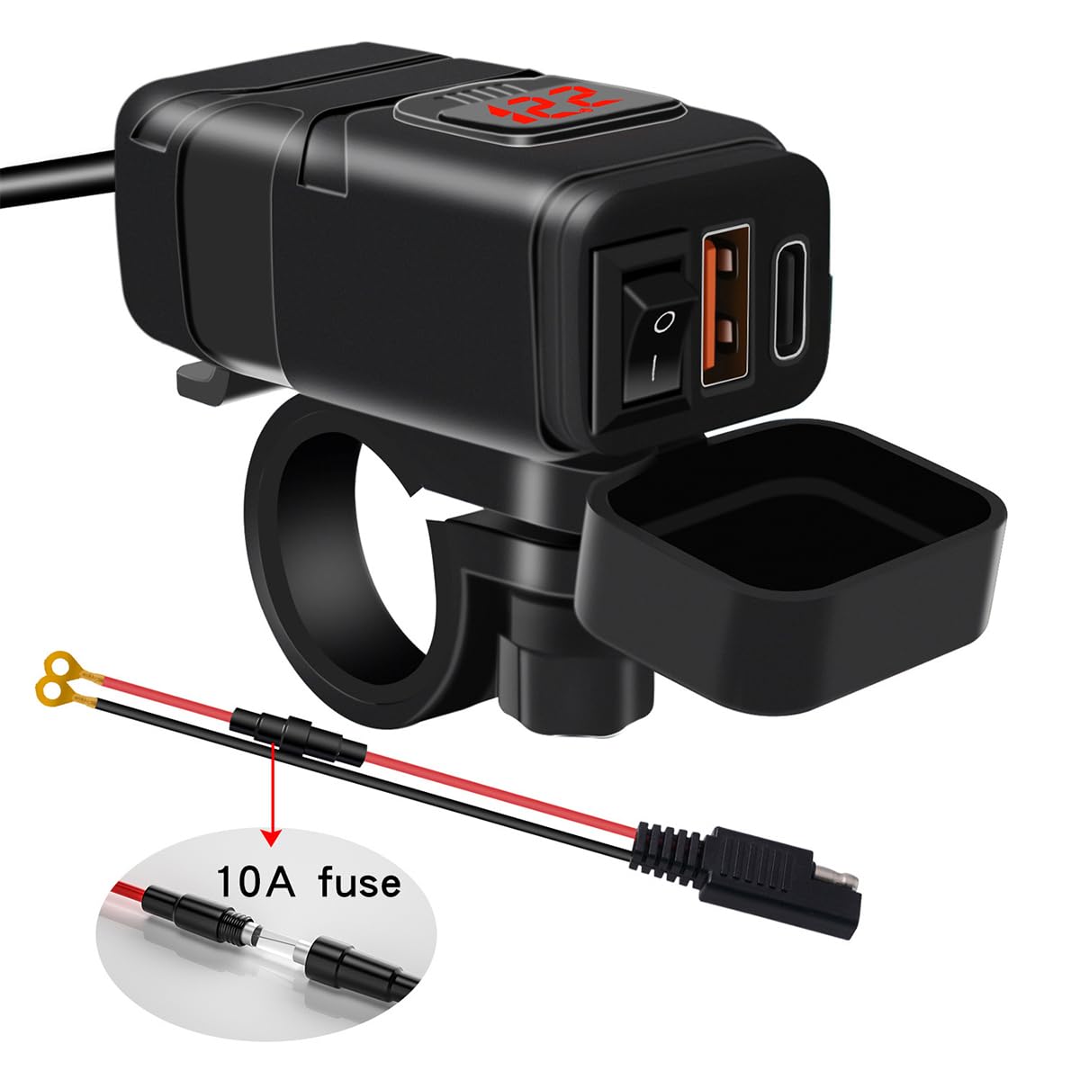 Waterproof Motorcycle USB Phone Charger with Voltmeter & ON/Off Switch - Dual QC 3.0 Fast Charging SAE to USB Adapter for Phone, Tablet, GPS - Ideal for Harley, Honda, Yamaha & Adventure Riding (Red)