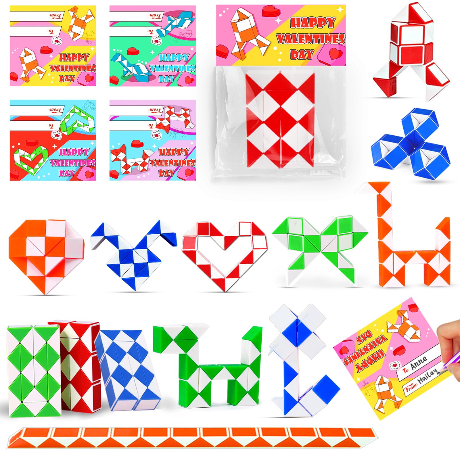 AMENON 28 Pack Valentine's Day Gifts for Kids - Snake Twist Puzzle Toys, Classroom Exchange Cards, Stress Relief Fidget Toys for Boys & Girls - Perfect for Valentine's Party Favors, School Prizes & Sensory Play