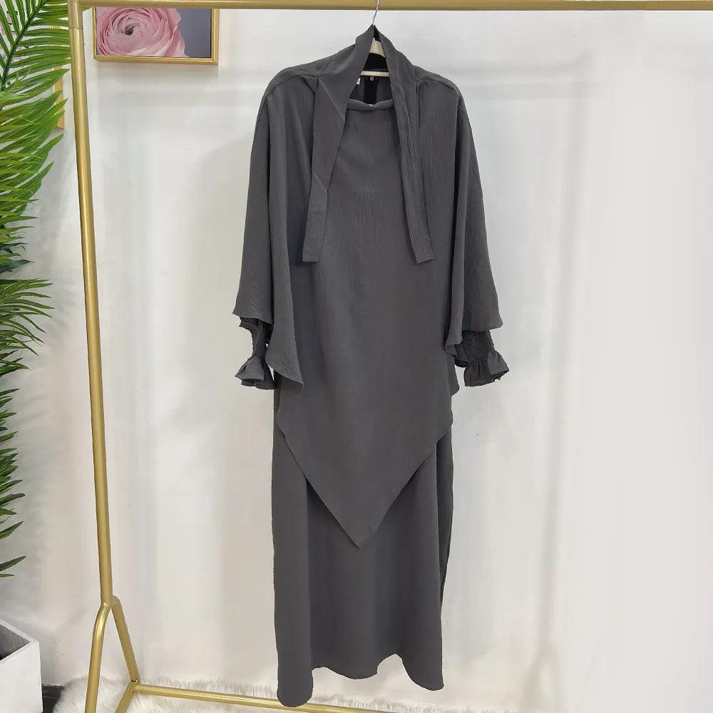 2-Piece Abaya Khimar Set - Long Triangle Hijab & Smocked Cuff Dress for Women | Islamic Modest Wear for Prayer, Mosque & Special Occasions
