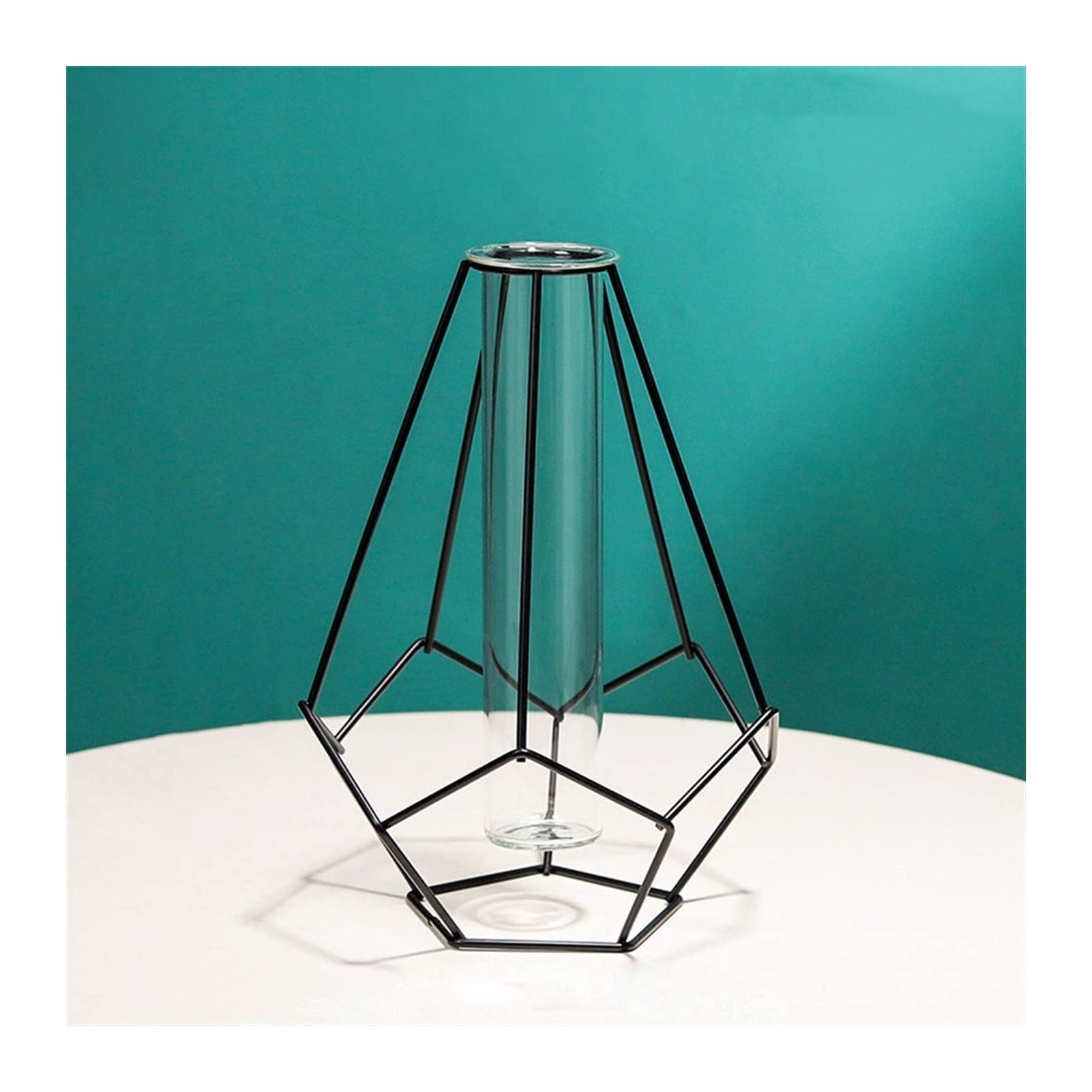 Nordic Simple Glass Flower Vase - Hydroponic Plant Vase with Iron Geometric Stand, Modern Home Decor for Living Room, Bedroom & Office (Black)