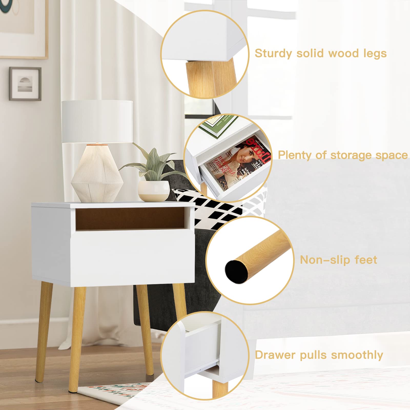 VERYKE Modern Wooden Nightstand Set of 2 - Bedroom End Tables with Drawer & Open Shelf, Solid Wood Legs Accent Side Table for Living Room, Bedroom, or Office (White) - Perfect for Storing Books, Lamps, and Bedroom Essentials