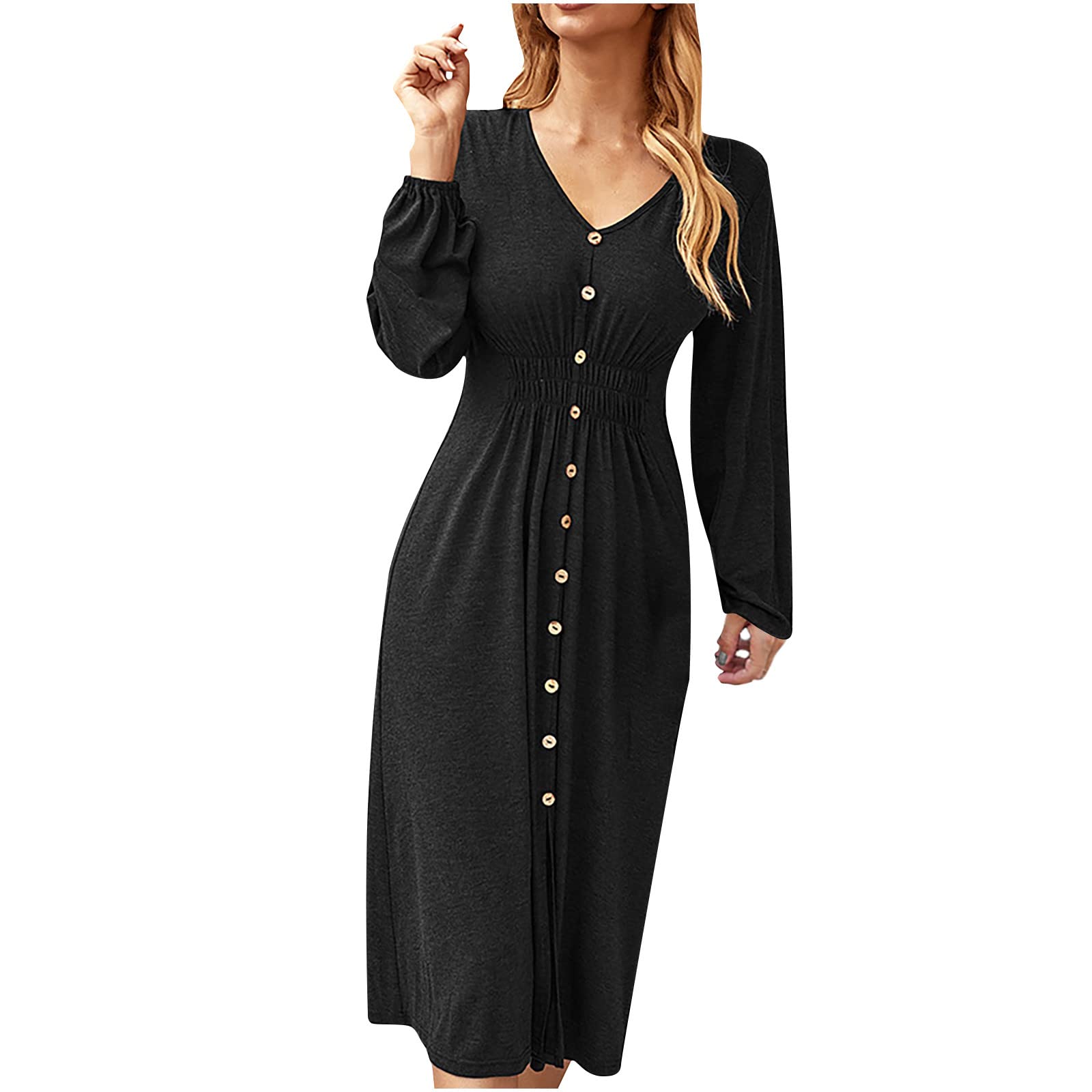 Elegant Formal Wedding Guest Dresses for Women - Long Sleeve V-Neck Mid-Calf Solid Color Dress for Parties, Cocktail Events & Special Occasions