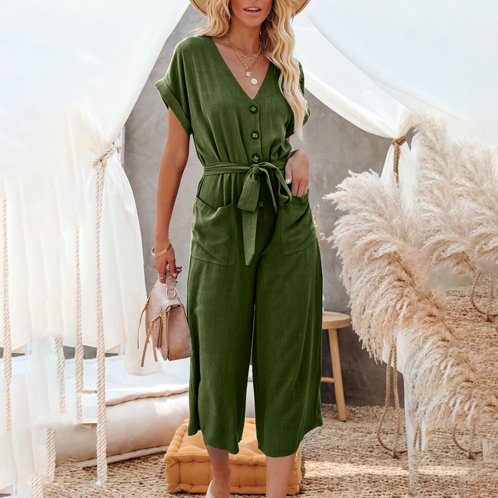 Women's V-Neck Tie Pocket Jumpsuit - Elegant Formal Evening Party Wedding Guest Outfit - Sexy Casual Button Romper in Army Green (Medium) | Perfect for Cocktail Parties, Date Nights & Summer Events