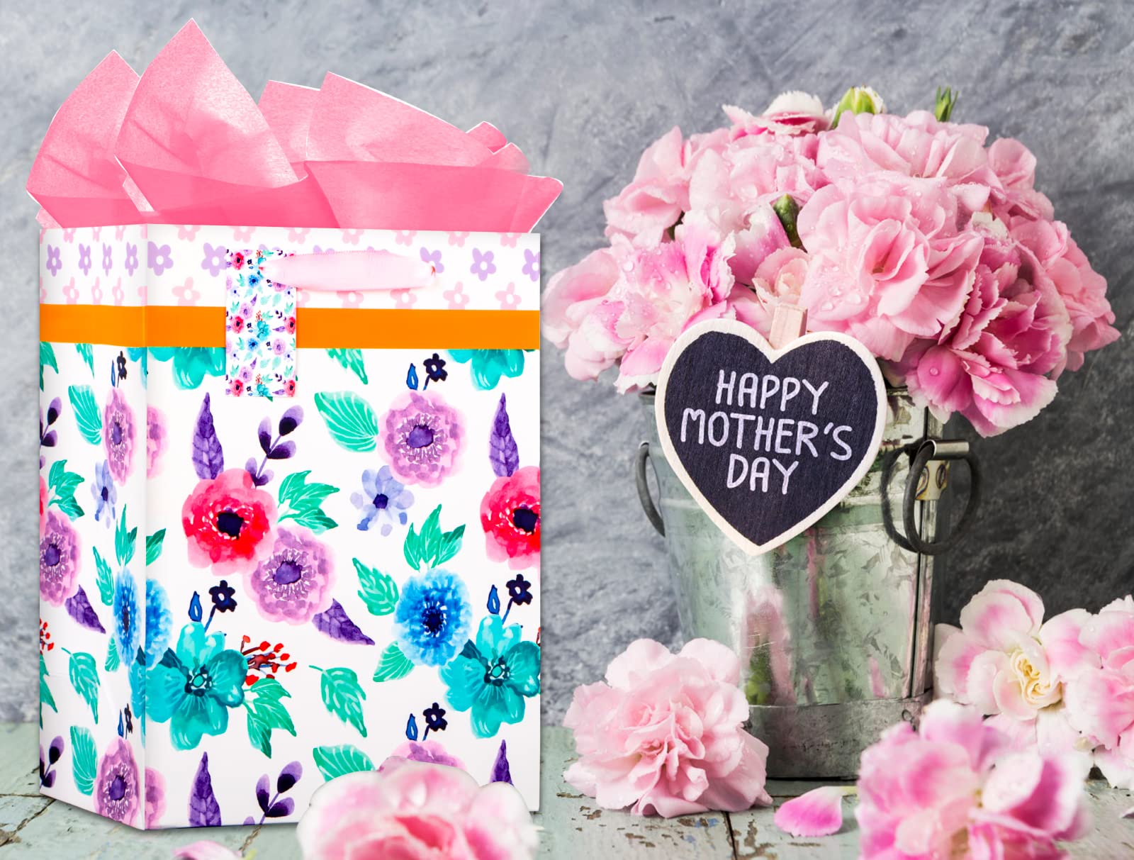 Pink Floral Gift Bags with Handles 11.5x9x5 Inches - Mother's Day Present for Mom, Grandma & Mother-in-Law - Includes Tissue Paper - Perfect for Birthday, Anniversary & Special Occasion Gifting