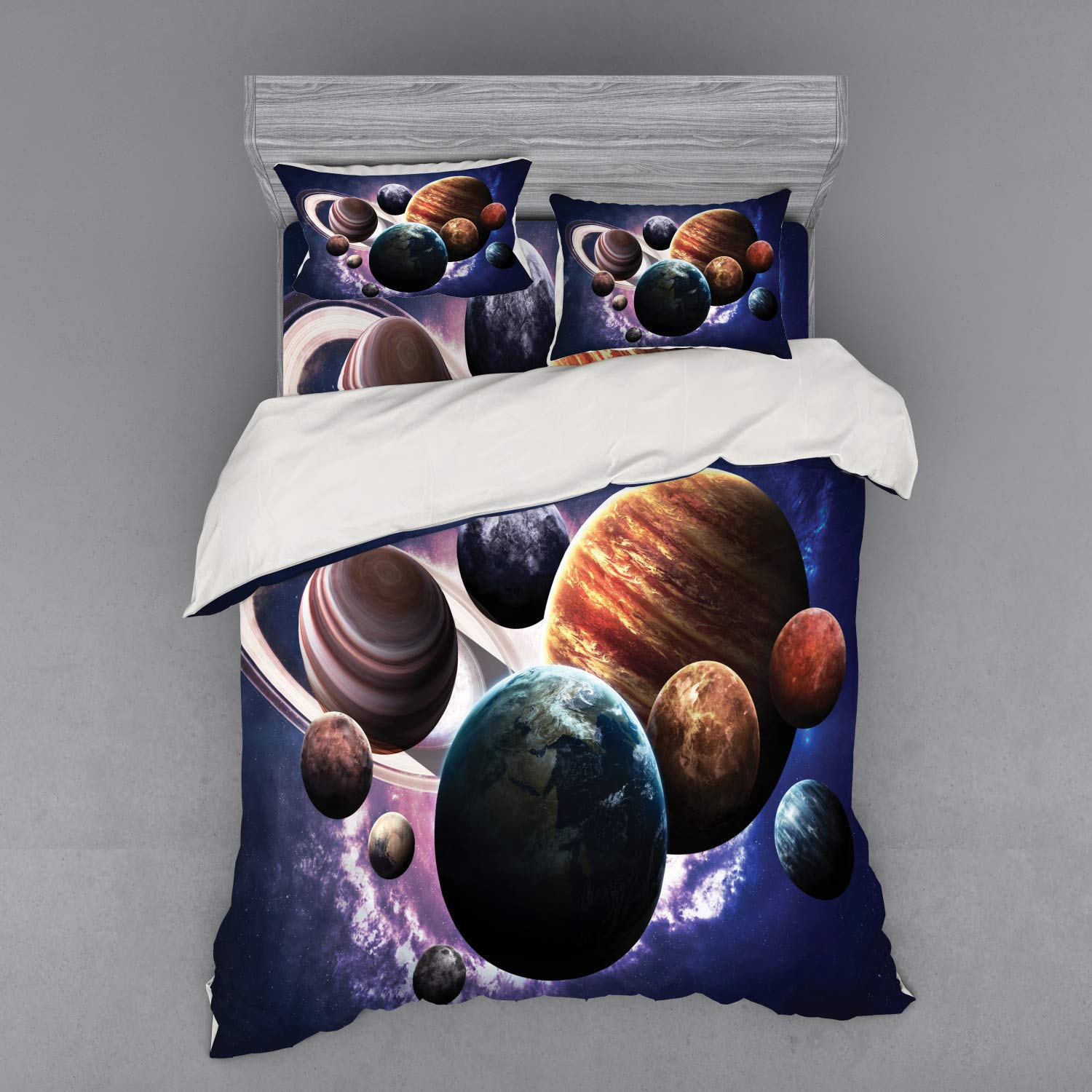 Ambesonne Space Themed Bedding Set - 4 Piece Queen Size Duvet Cover with Pillow Shams & Fitted Sheet - Solar System Planets Design Featuring Mercury, Jupiter, Saturn - Multicolor Universe Print - Perfect for Astronomy Lovers & Kids' Room Decor