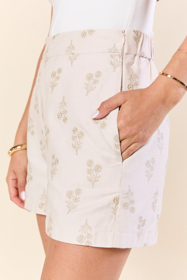 Iconic Ivory and Taupe Floral Embroidered Shorts for Women - Boho Summer Shorts with Embroidery Details - Perfect for Beach Vacations, Music Festivals & Casual Outings