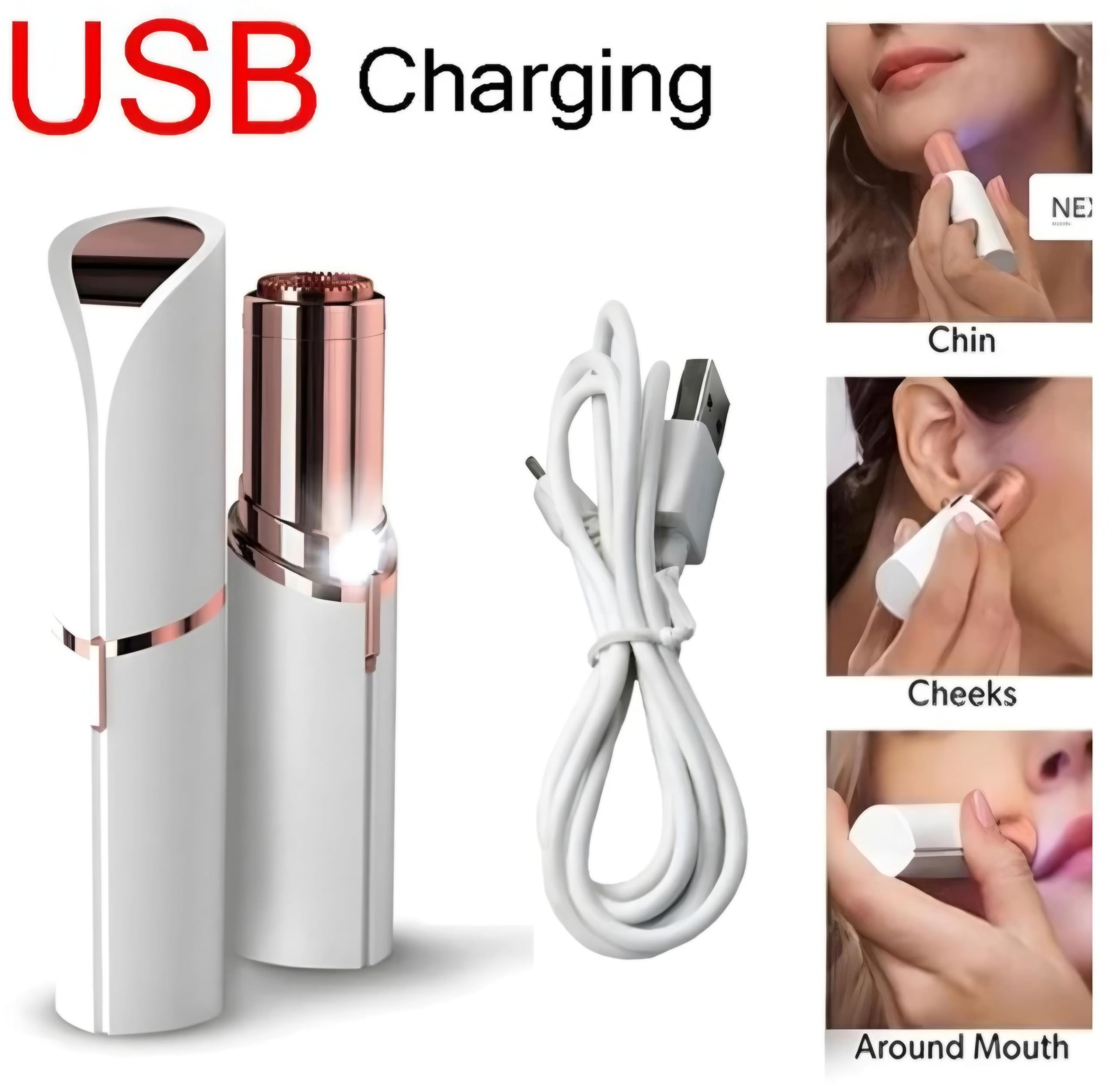 USB Rechargeable Facial Hair Epilator for Women - Painless Hair Remover for Face, Chin, Cheeks & Eyebrows - Portable Lipstick-Shaped Design - Perfect for Travel, Home Use & Quick Touch-Ups
