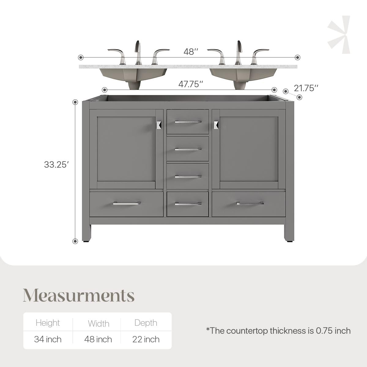 48 Inch Freestanding Bathroom Vanity with Gray Cabinet & Carrara Marble Top - Double Sink Vanity with Spacious Storage - Modern Wood Countertop Combo for Master Bath, Guest Bath & Powder Room