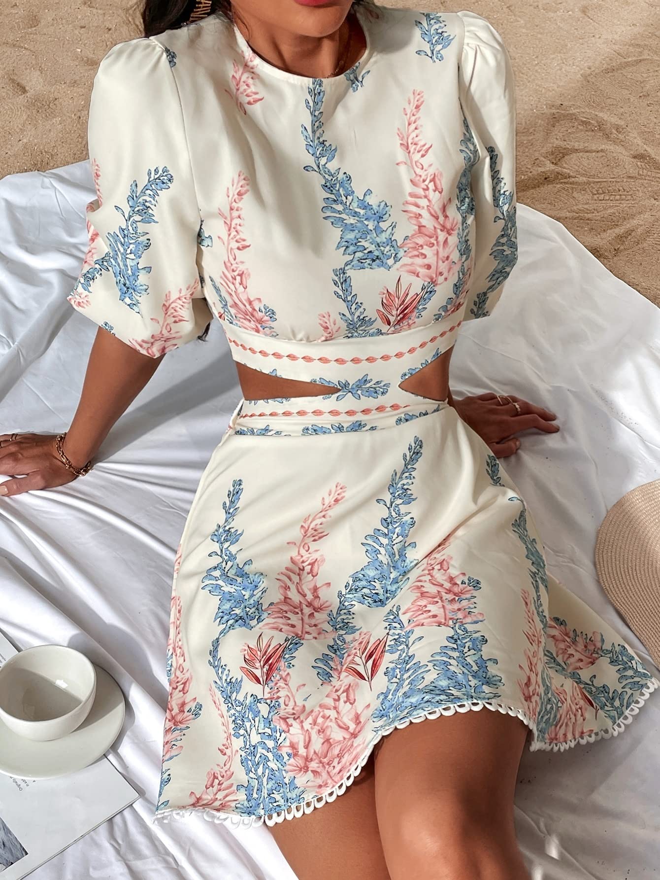 MAPAF Women's Boho Plant Print Cut Out Tie Back Lantern Sleeve Dress - Flowy Summer Maxi Dress for Beach Vacation, Music Festival & Boho Chic Outfits