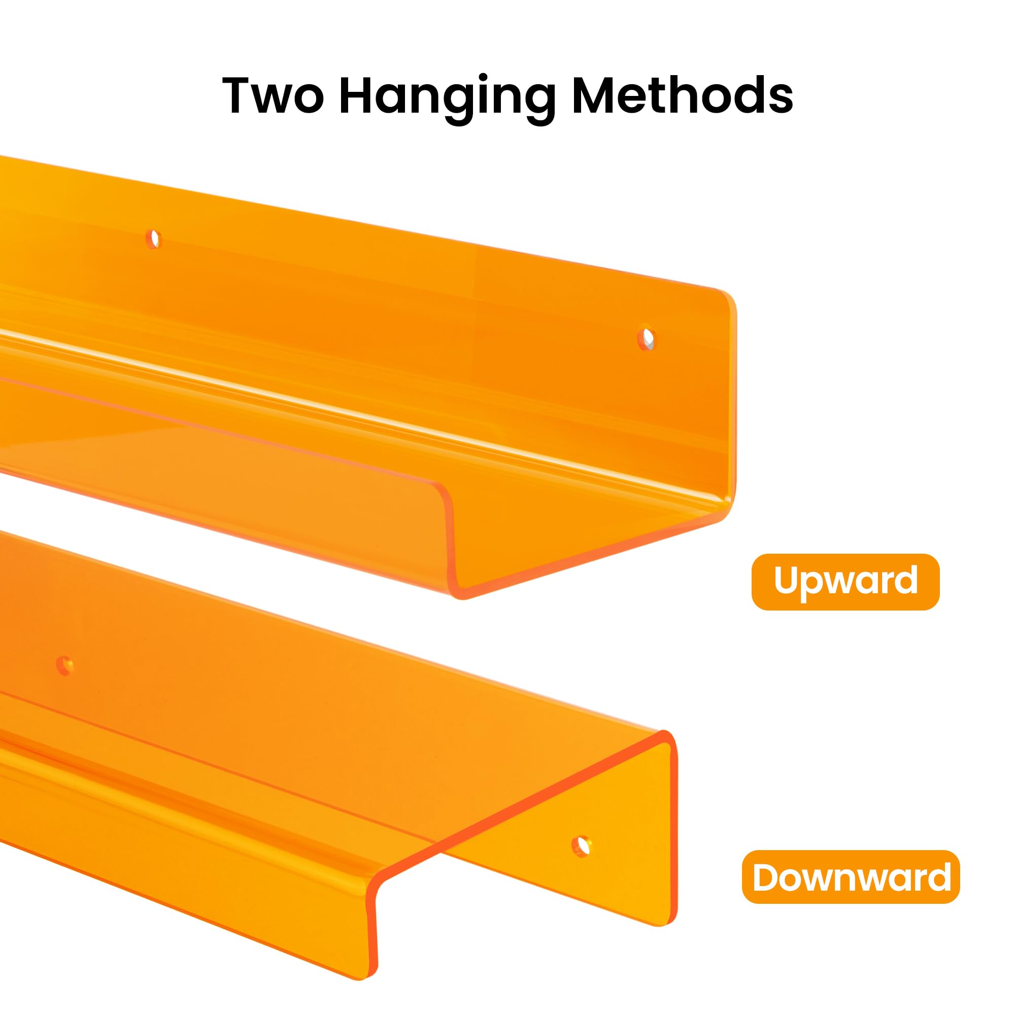 upsimples 4 Pack Clear Orange Acrylic Floating Shelves - 15 Inch Wall Mounted Display & Storage Shelves for Books, Decor & Organizing - Perfect for Kids Room, Bathroom, Bedroom, Living Room & Kitchen Decor